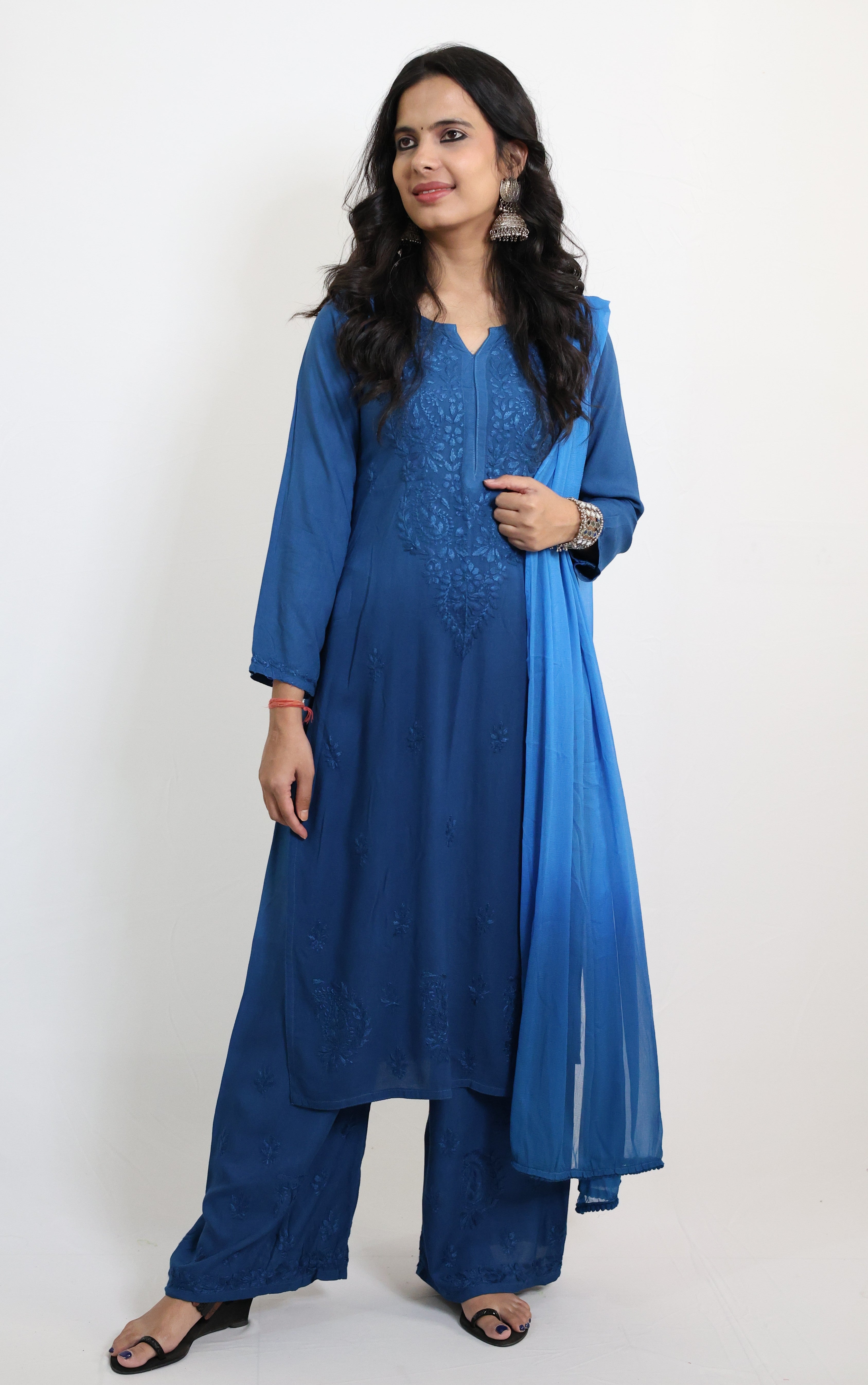 Gunjan Blue Rayon Hand-Embroidered Lucknowi Chikankari Kurta Set with Dupatta