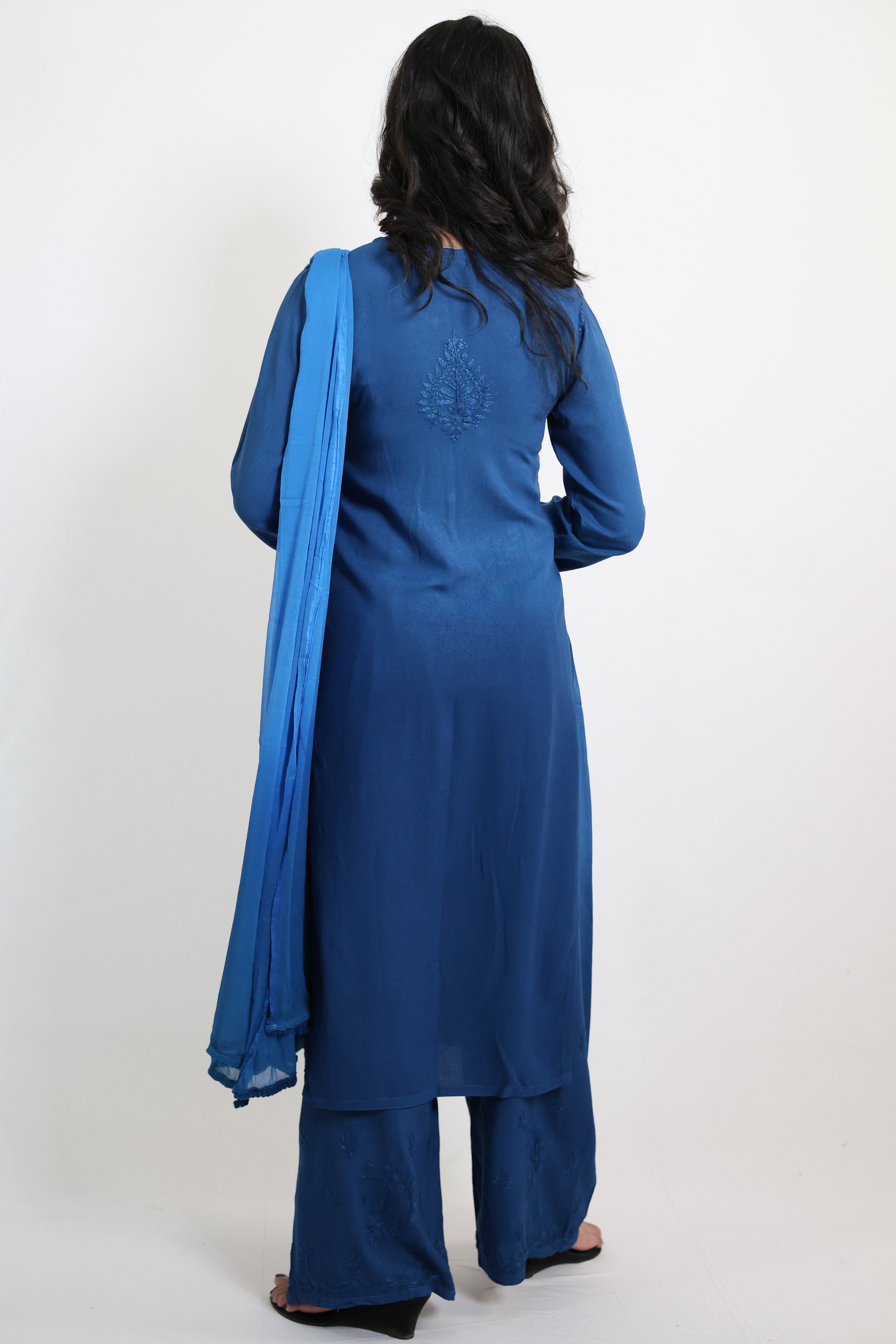 Gunjan Blue Rayon Hand-Embroidered Lucknowi Chikankari Kurta Set with Dupatta