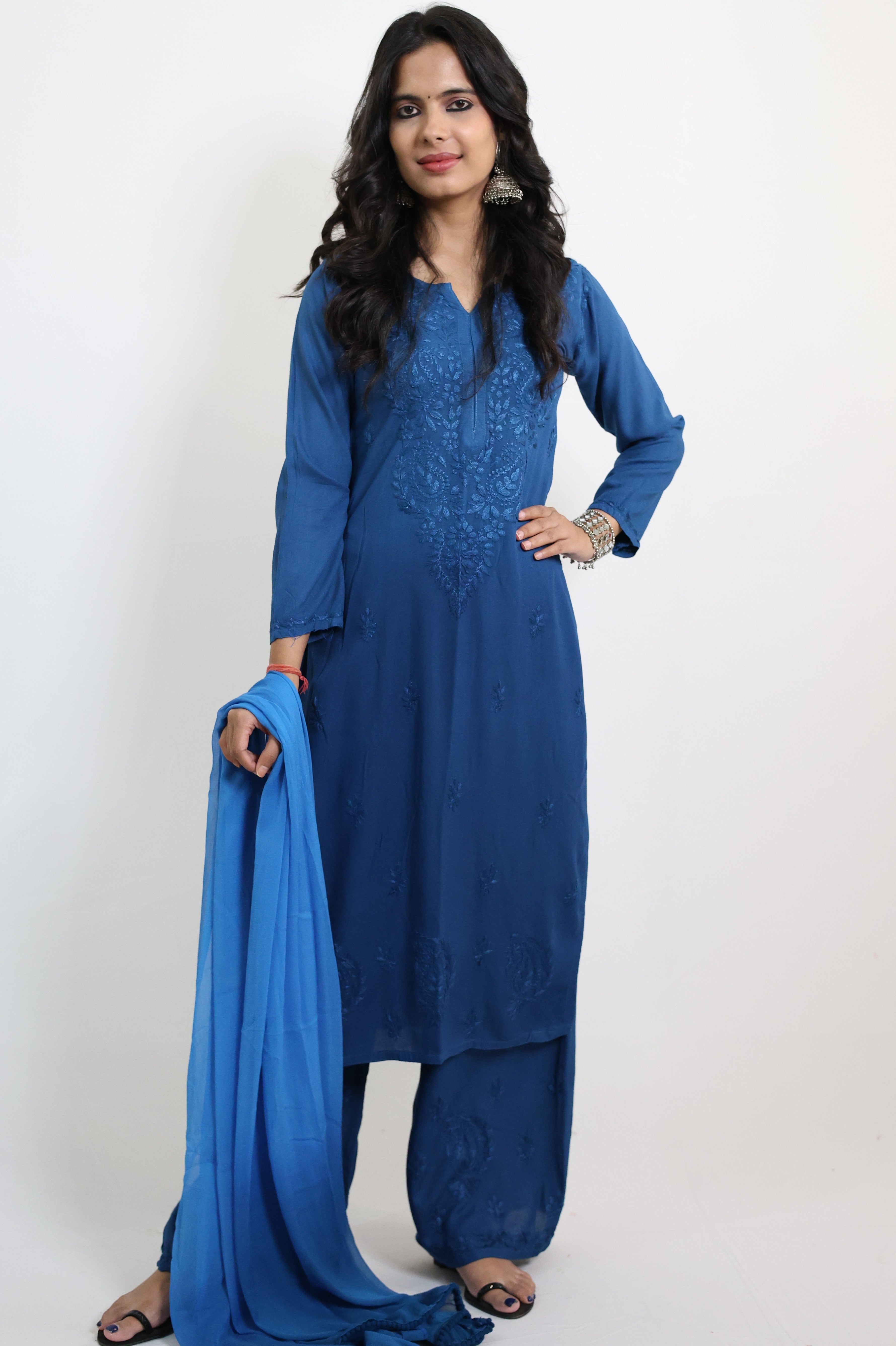 Gunjan Blue Rayon Hand-Embroidered Lucknowi Chikankari Kurta Set with Dupatta