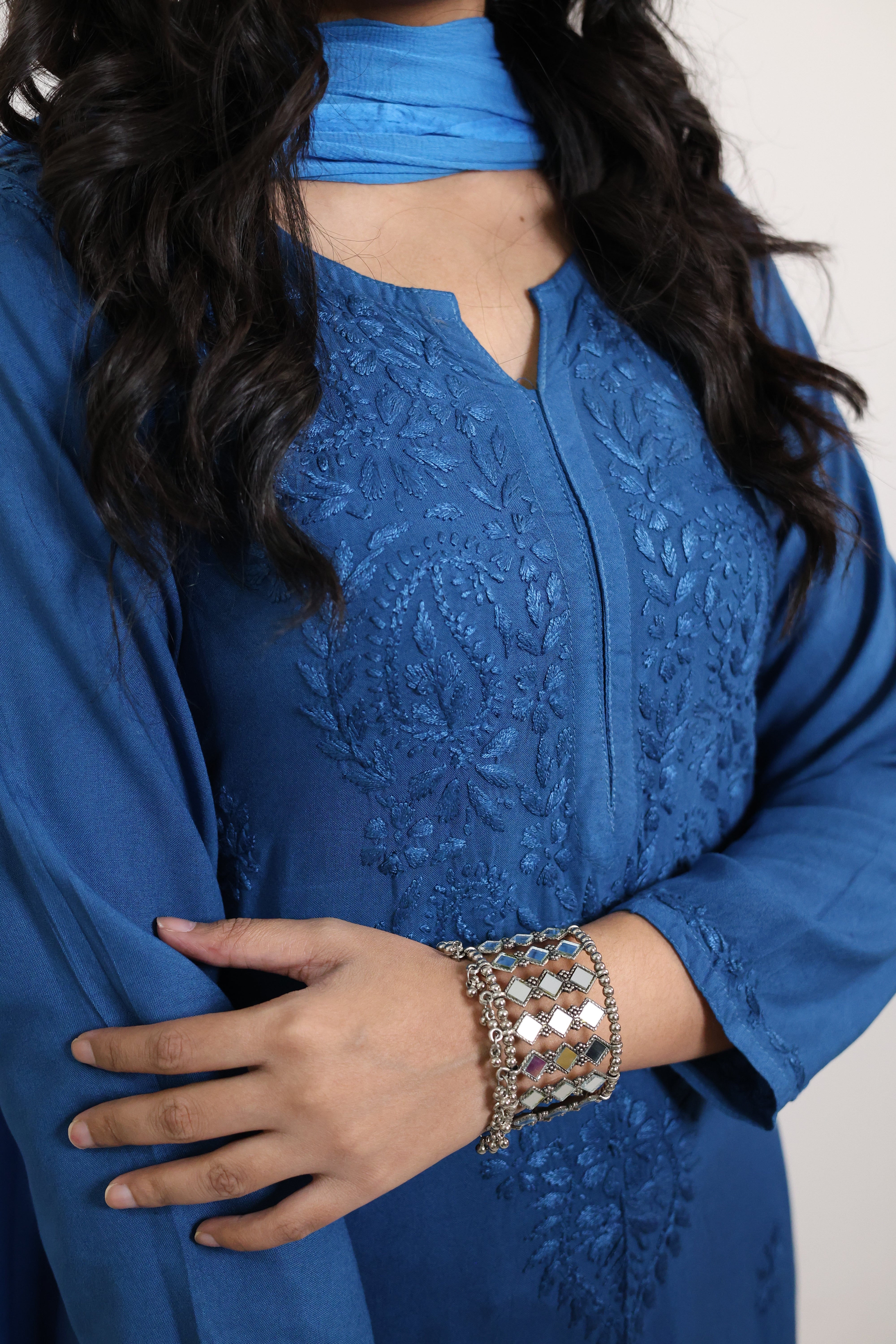 Gunjan Blue Rayon Hand-Embroidered Lucknowi Chikankari Kurta Set with Dupatta
