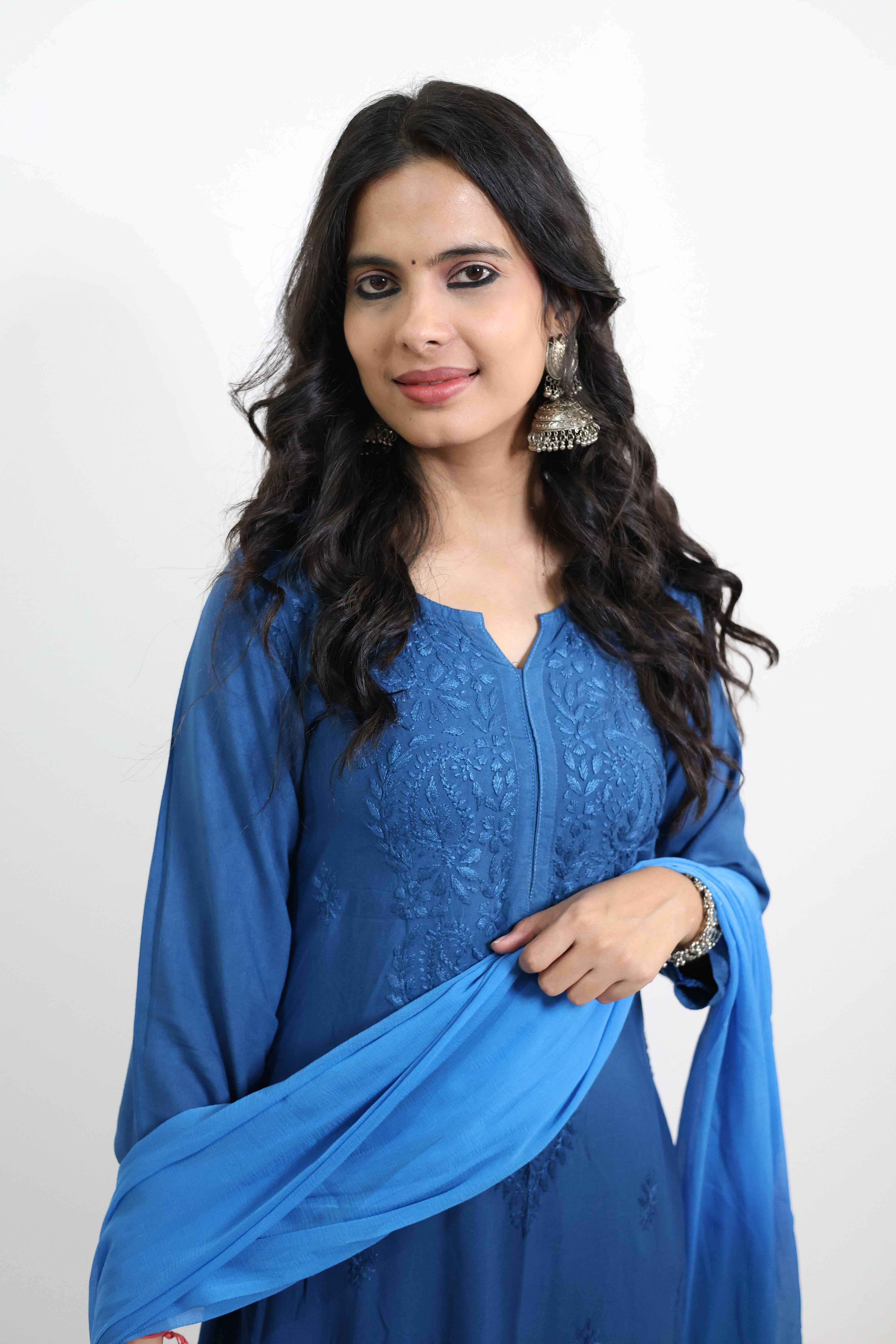 Gunjan Blue Rayon Hand-Embroidered Lucknowi Chikankari Kurta Set with Dupatta