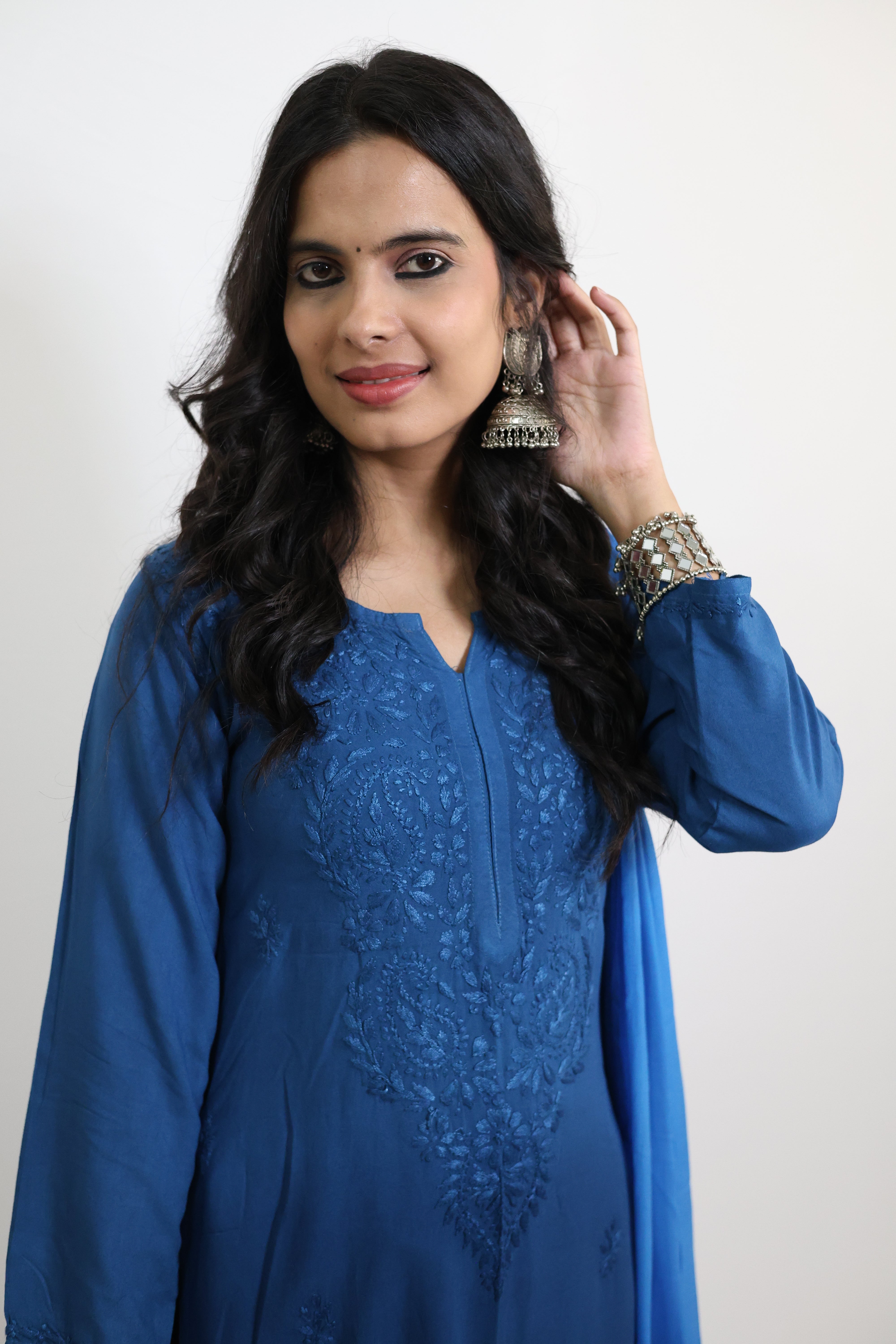 Gunjan Blue Rayon Hand-Embroidered Lucknowi Chikankari Kurta Set with Dupatta