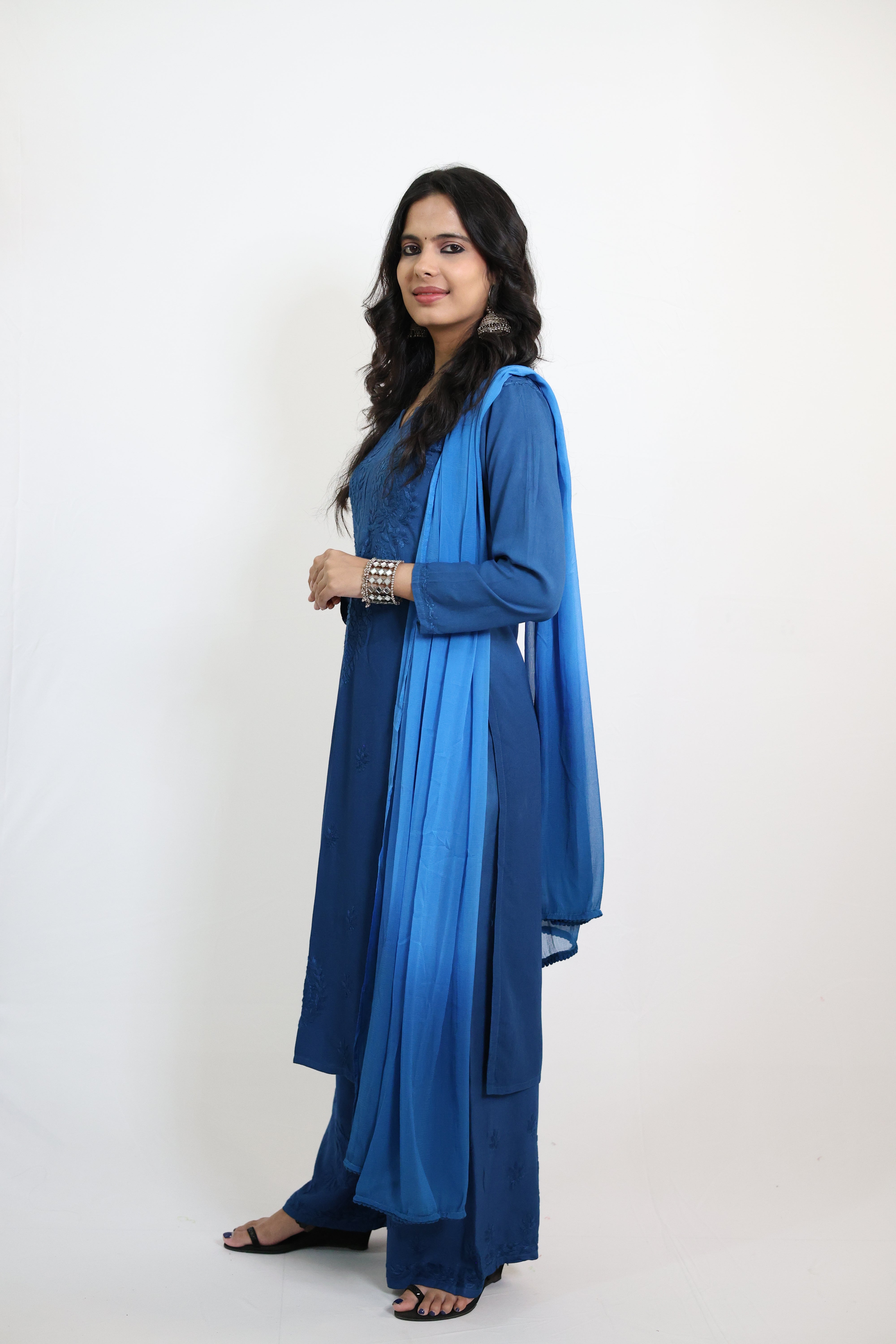 Gunjan Blue Rayon Hand-Embroidered Lucknowi Chikankari Kurta Set with Dupatta