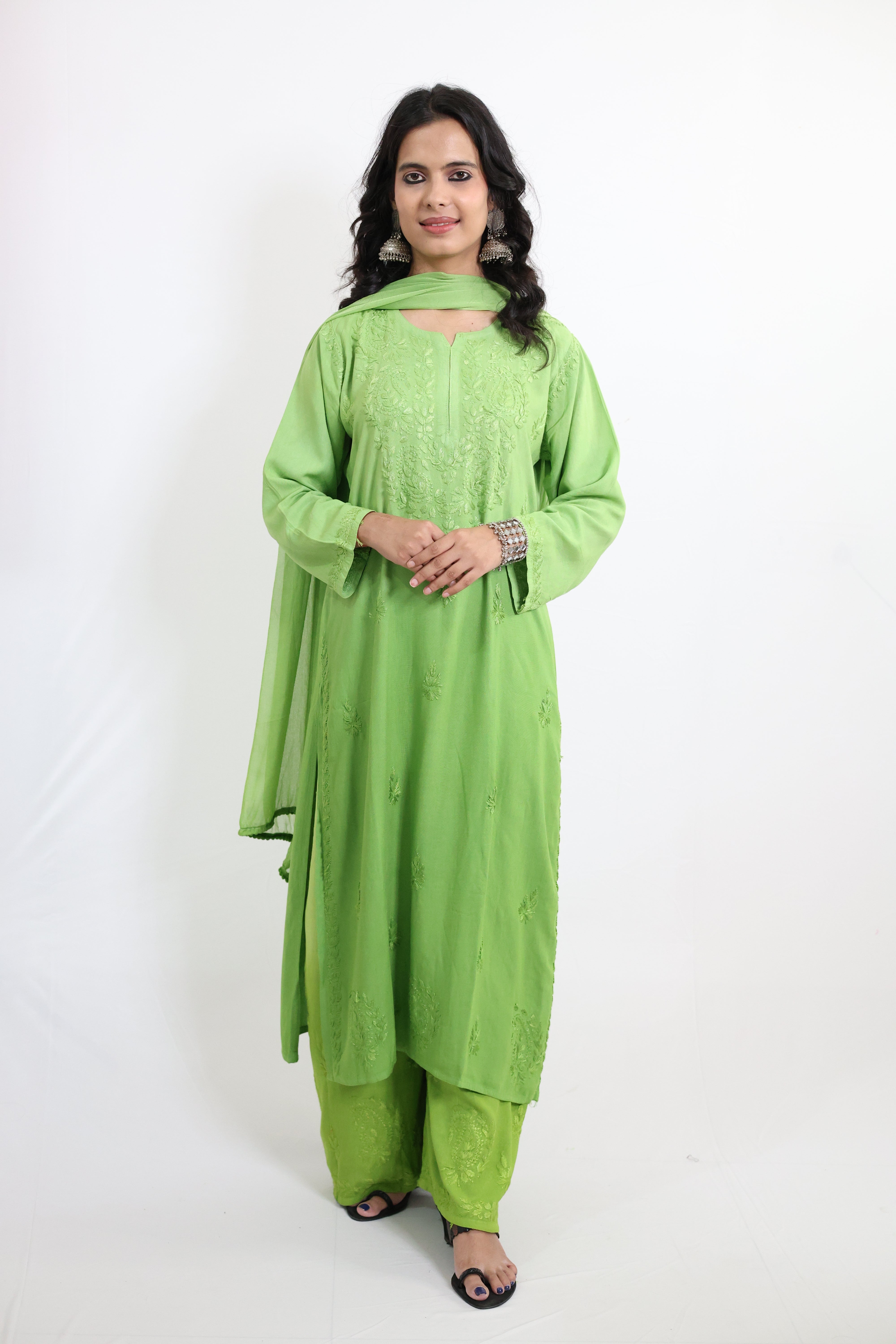 Gunjan Neon Green Rayon Hand-Embroidered Lucknowi Chikankari Kurta Set with Dupatta