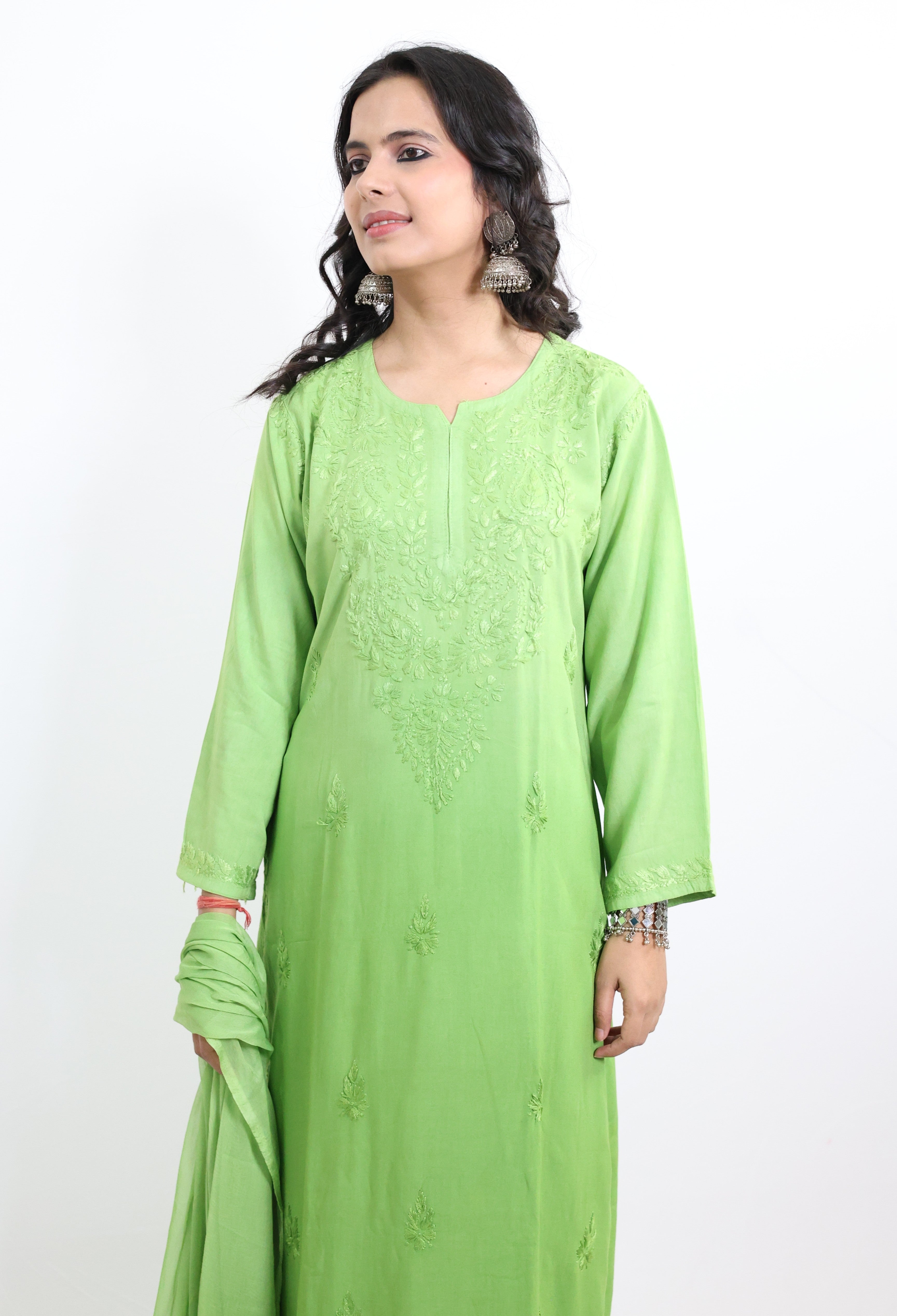 Gunjan Neon Green Rayon Hand-Embroidered Lucknowi Chikankari Kurta Set with Dupatta