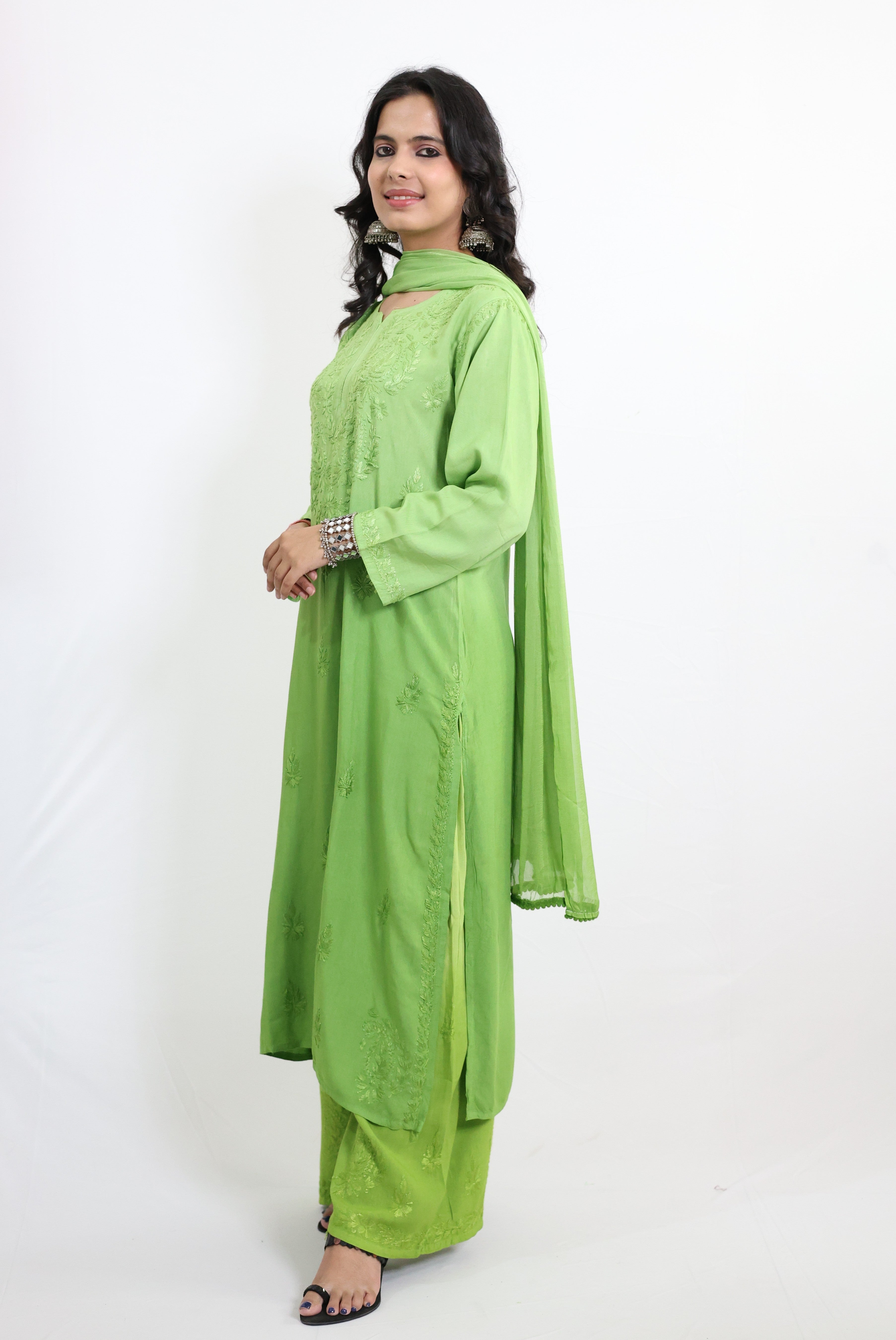 Gunjan Neon Green Rayon Hand-Embroidered Lucknowi Chikankari Kurta Set with Dupatta