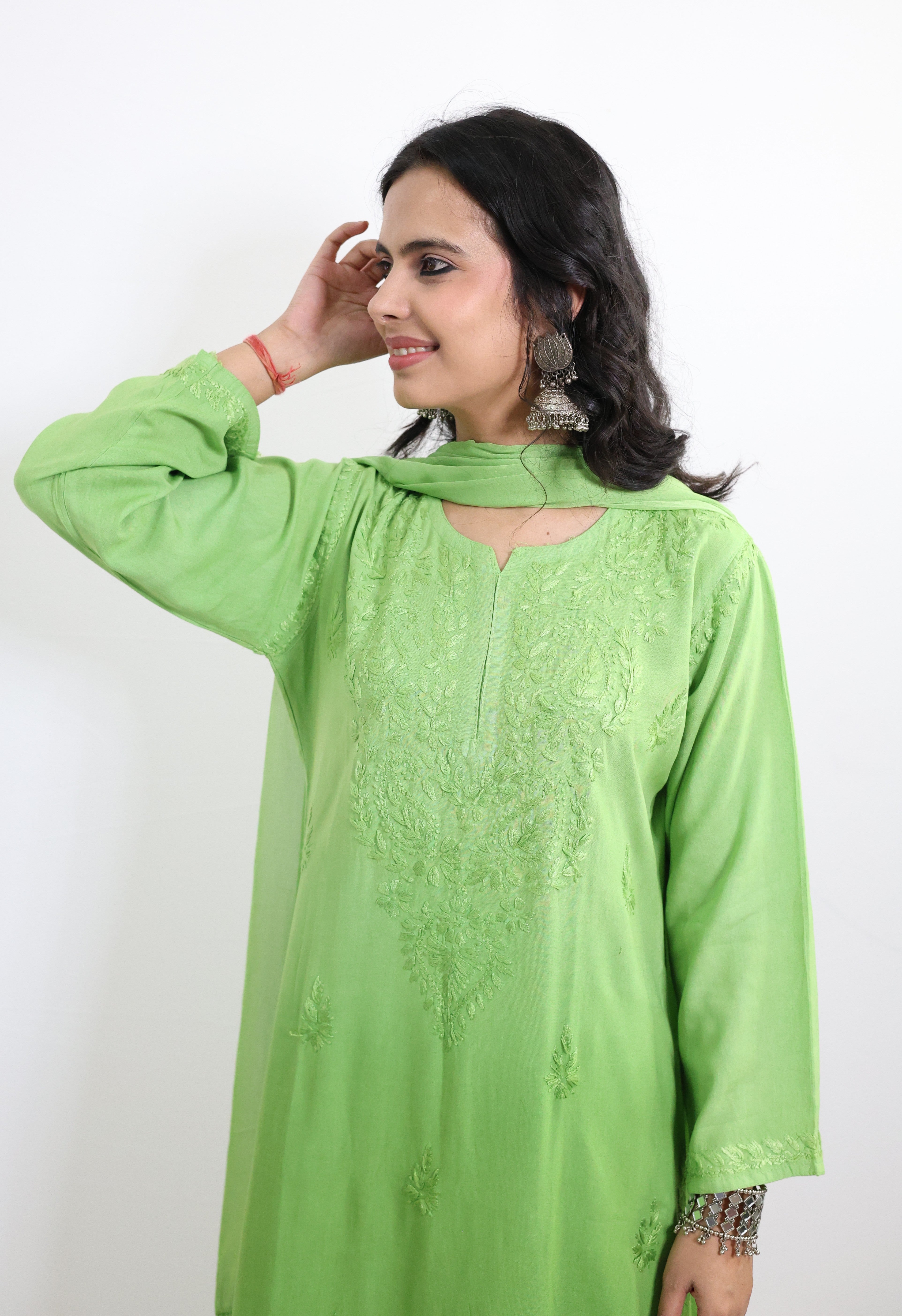 Gunjan Neon Green Rayon Hand-Embroidered Lucknowi Chikankari Kurta Set with Dupatta