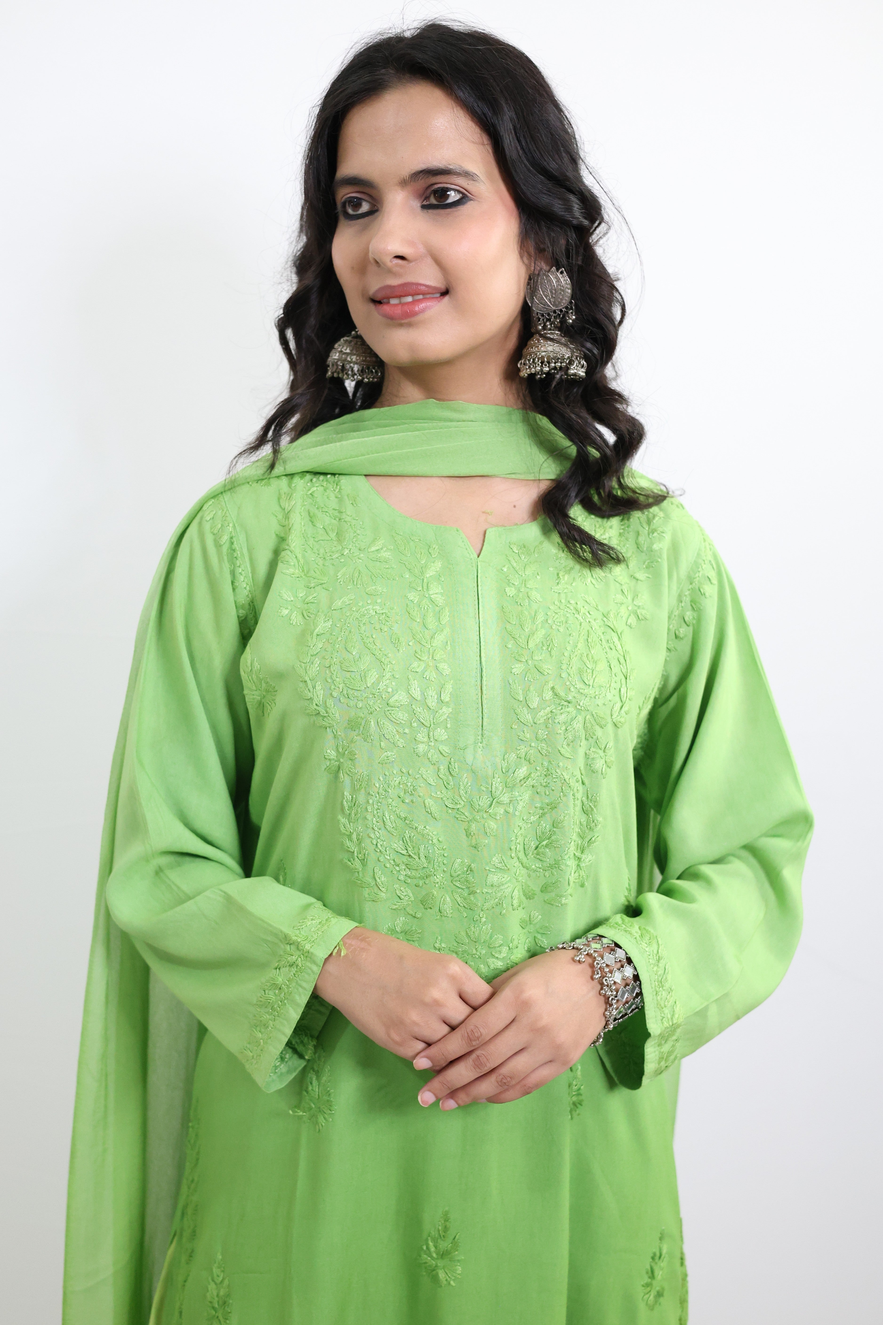 Gunjan Neon Green Rayon Hand-Embroidered Lucknowi Chikankari Kurta Set with Dupatta