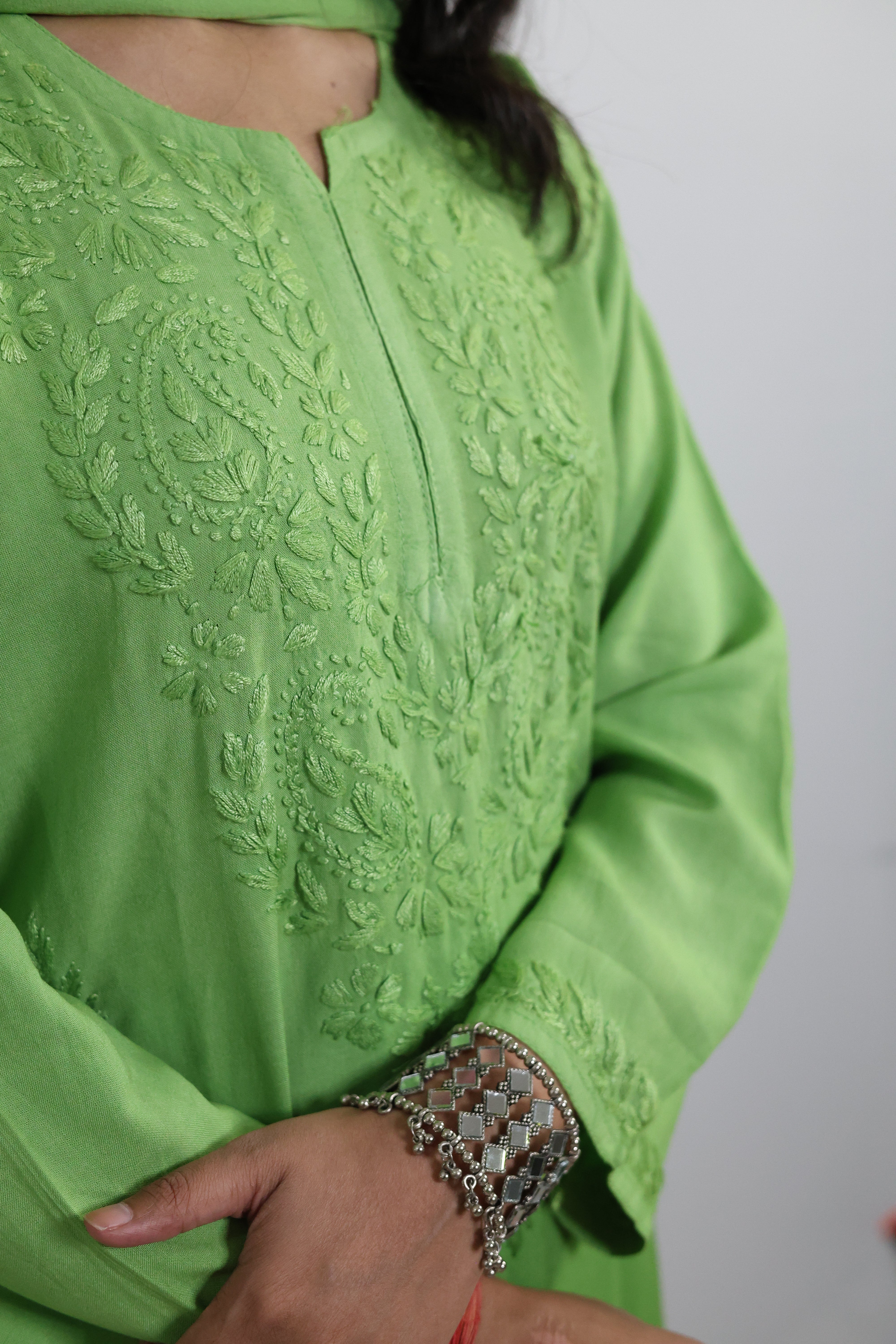 Gunjan Neon Green Rayon Hand-Embroidered Lucknowi Chikankari Kurta Set with Dupatta