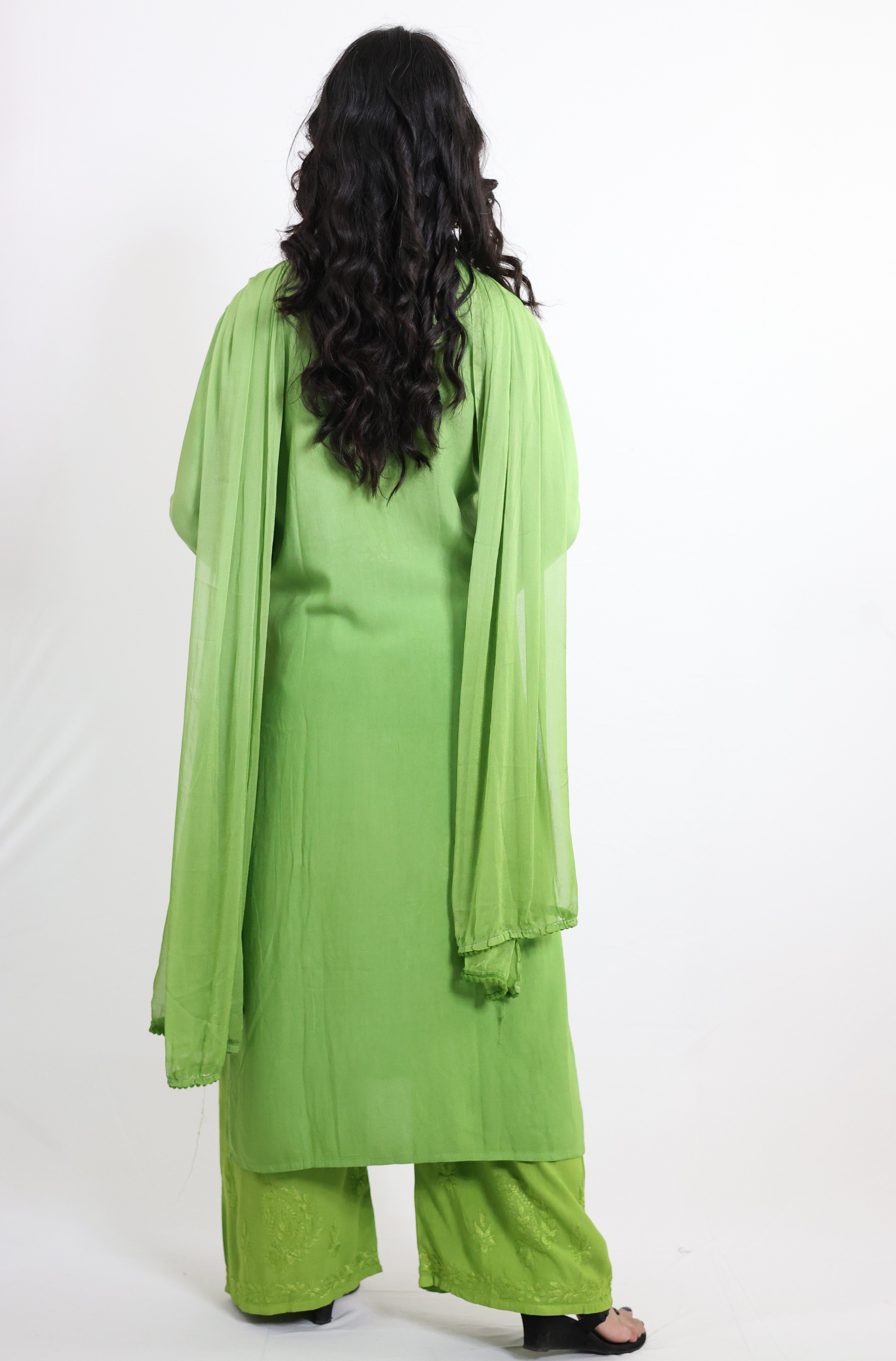 Gunjan Neon Green Rayon Hand-Embroidered Lucknowi Chikankari Kurta Set with Dupatta