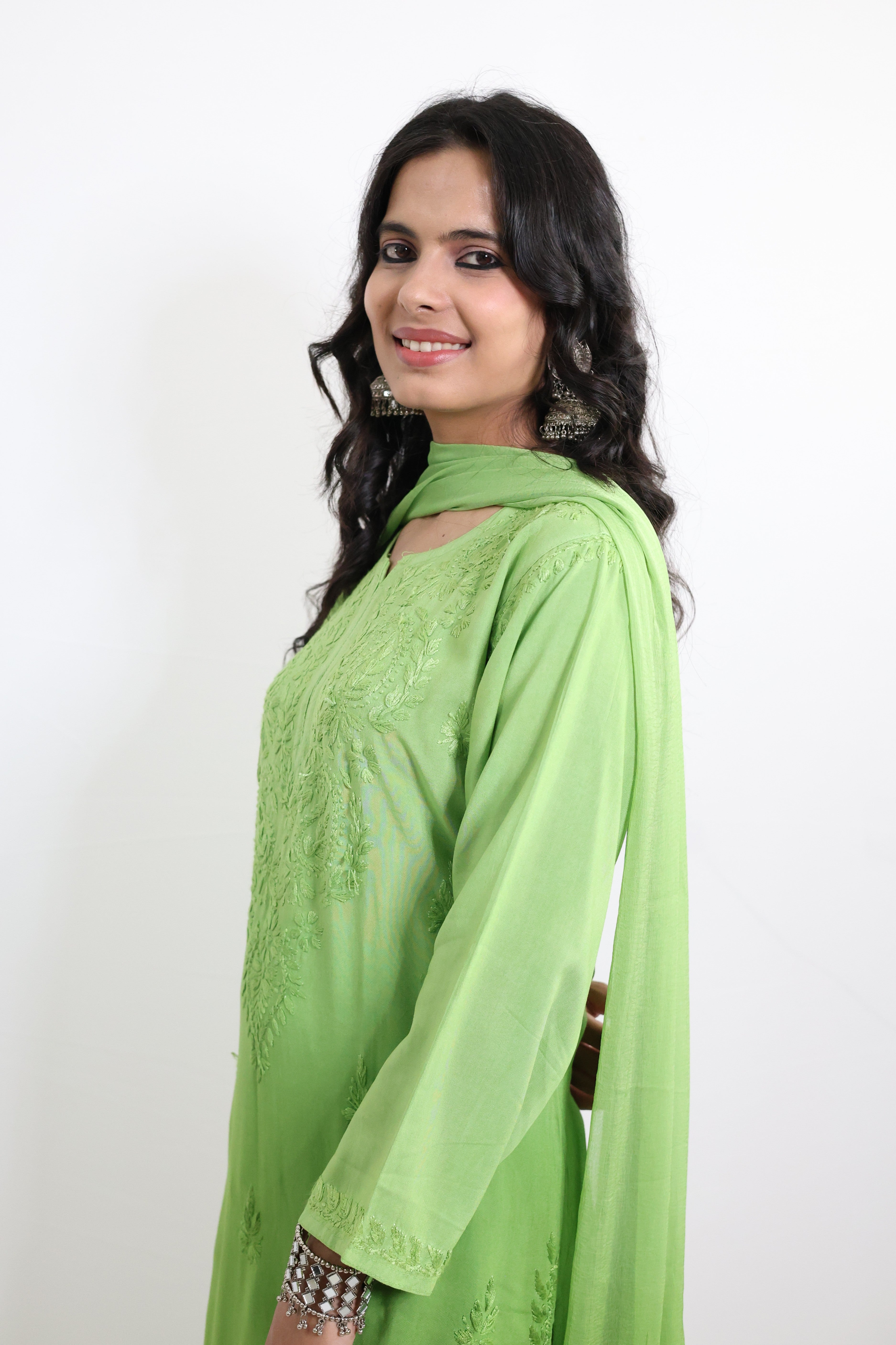 Gunjan Neon Green Rayon Hand-Embroidered Lucknowi Chikankari Kurta Set with Dupatta