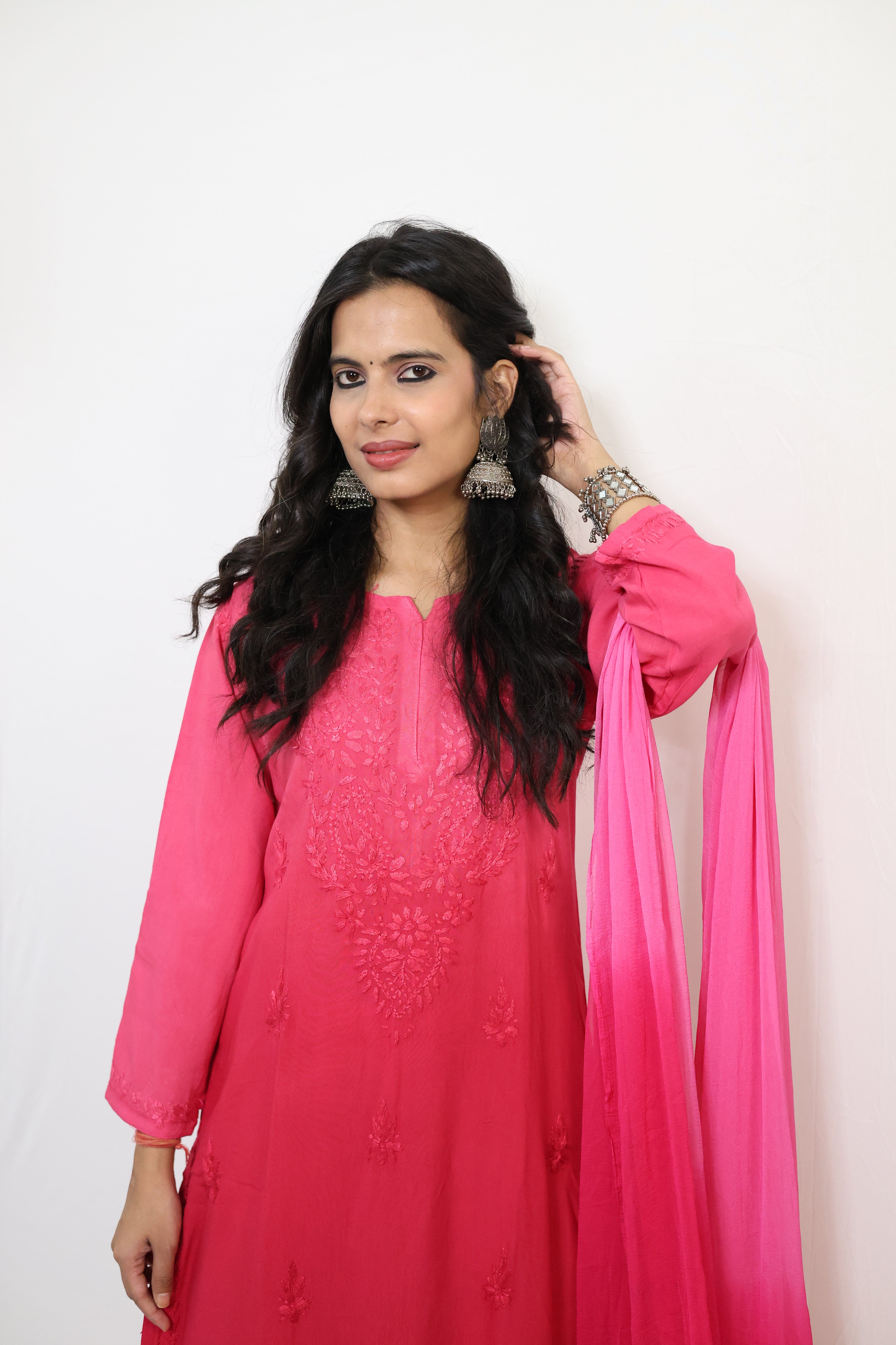 Gunjan Pink Rayon Hand-Embroidered Lucknowi Chikankari Kurta Set with Dupatta