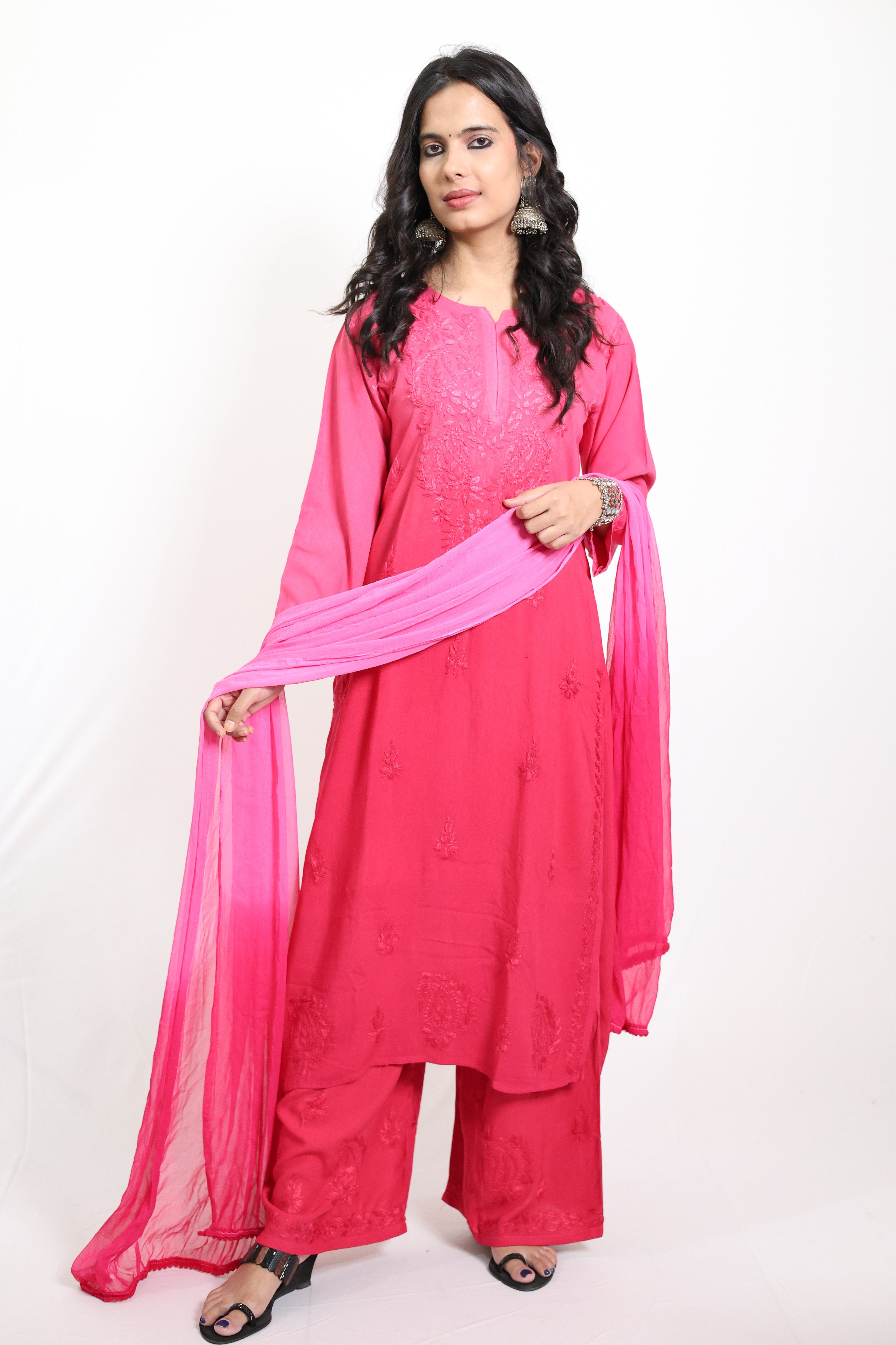 Gunjan Pink Rayon Hand-Embroidered Lucknowi Chikankari Kurta Set with Dupatta