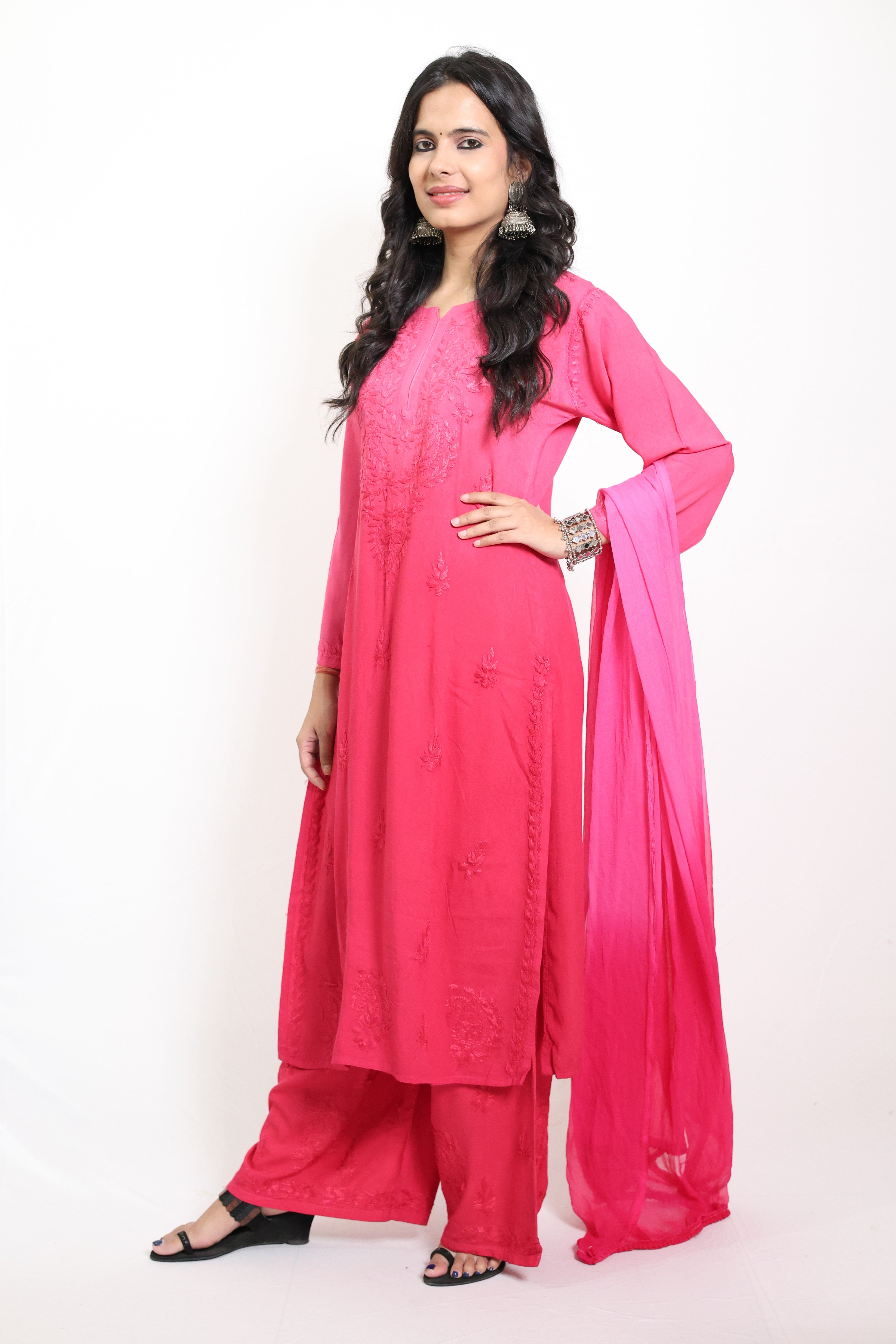Gunjan Pink Rayon Hand-Embroidered Lucknowi Chikankari Kurta Set with Dupatta