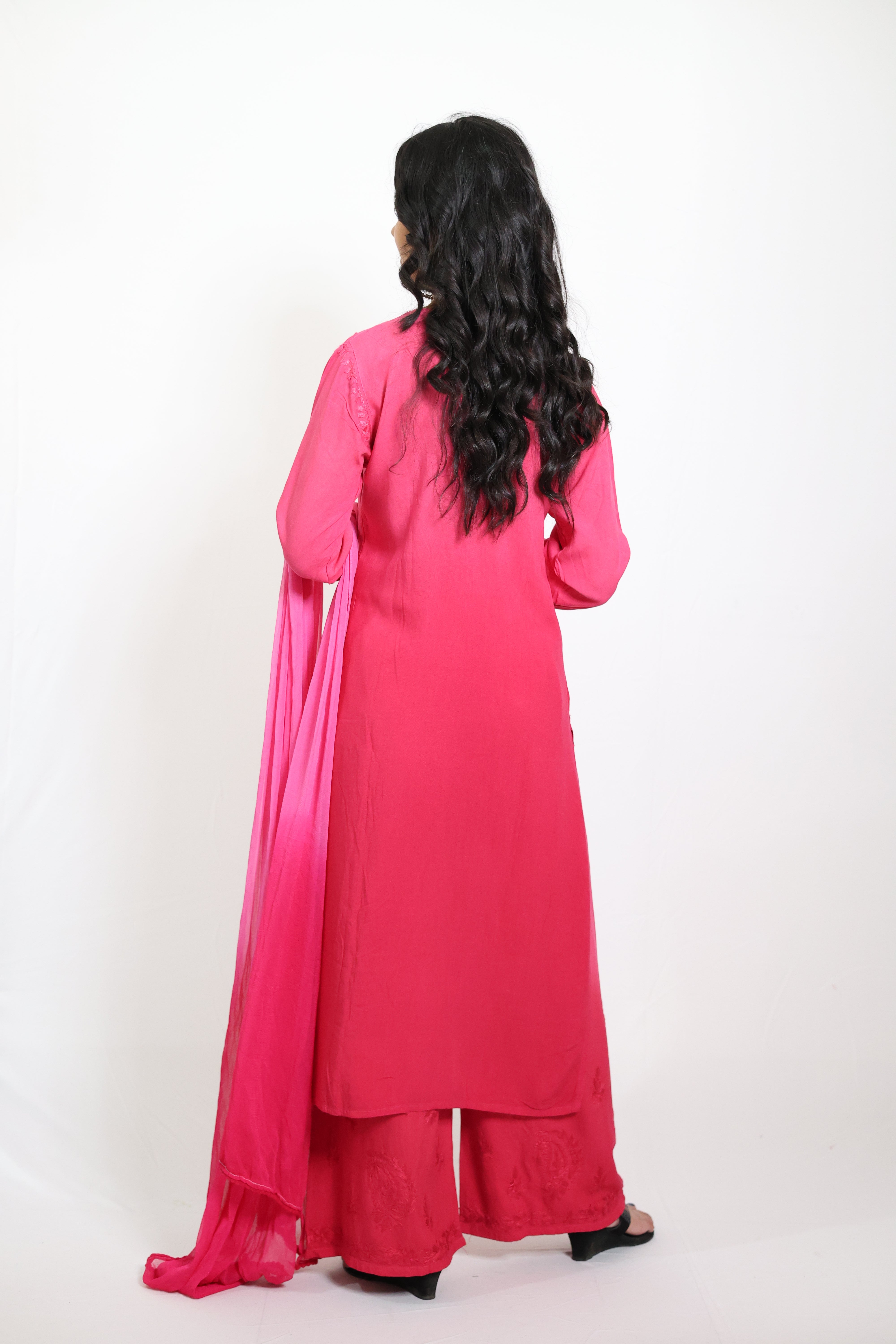Gunjan Pink Rayon Hand-Embroidered Lucknowi Chikankari Kurta Set with Dupatta