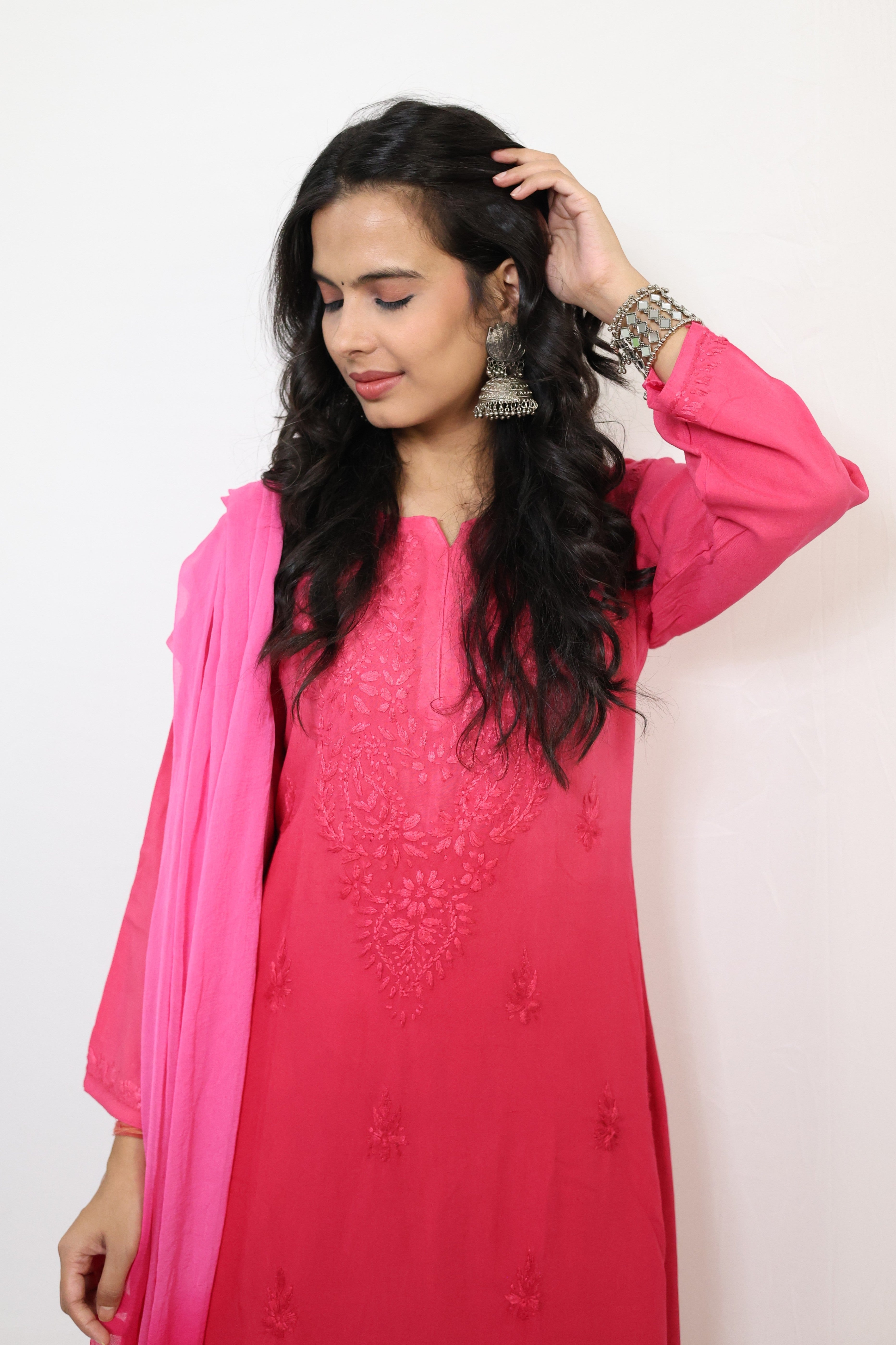 Gunjan Pink Rayon Hand-Embroidered Lucknowi Chikankari Kurta Set with Dupatta