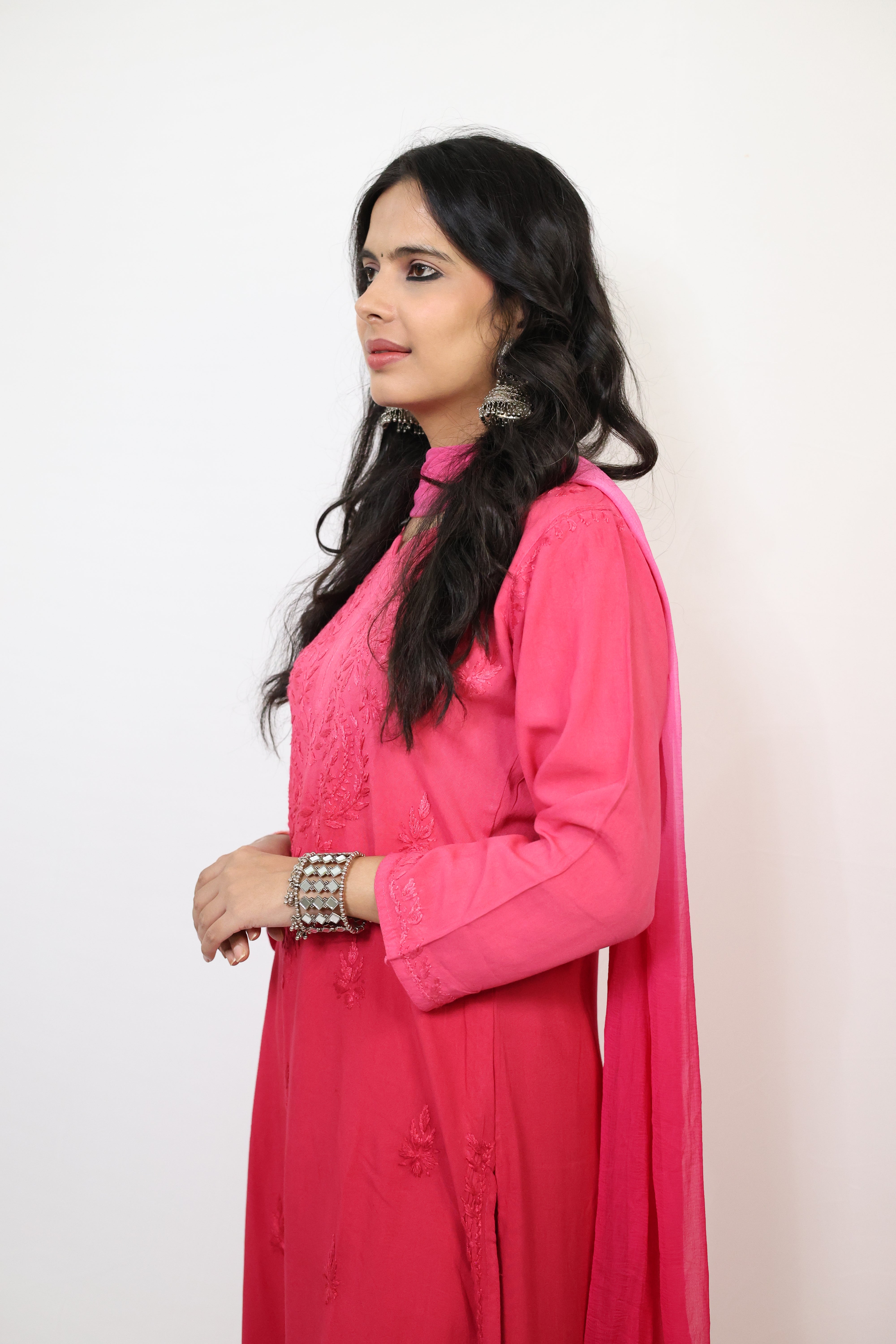 Gunjan Pink Rayon Hand-Embroidered Lucknowi Chikankari Kurta Set with Dupatta