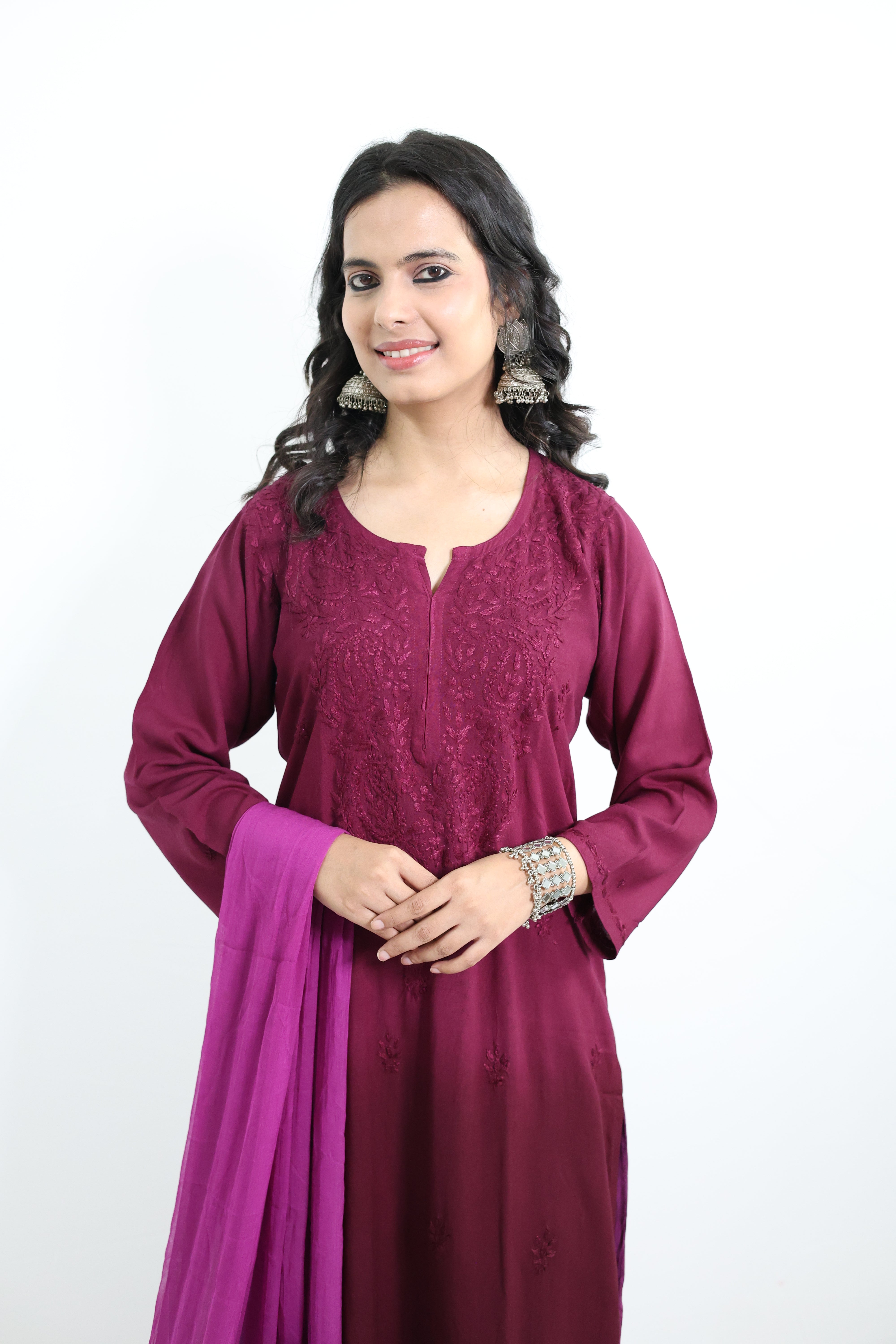 Gunjan Purple Rayon Hand-Embroidered Lucknowi Chikankari Kurta Set with Dupatta