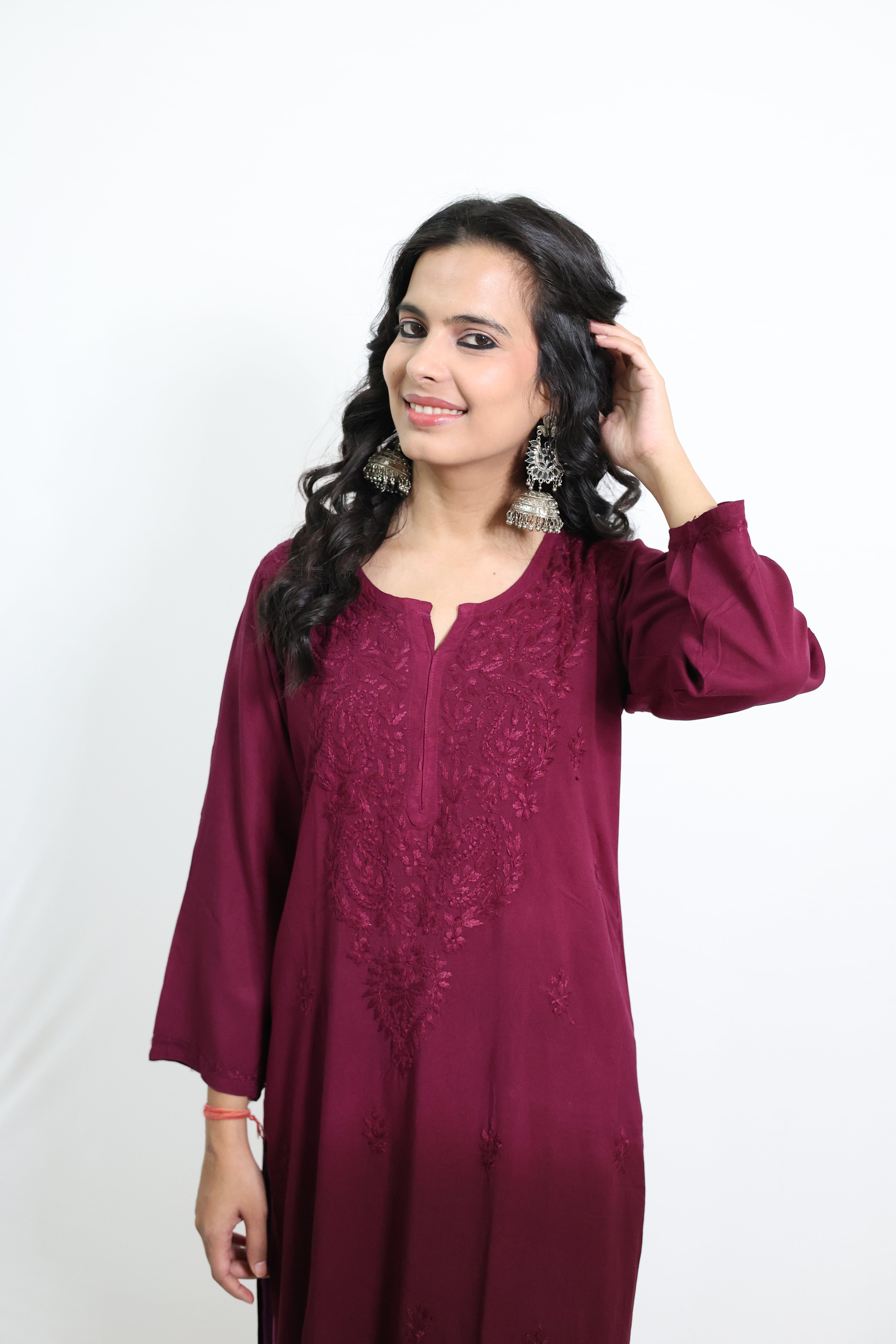 Gunjan Purple Rayon Hand-Embroidered Lucknowi Chikankari Kurta Set with Dupatta - AM Chikankari Lucknow 