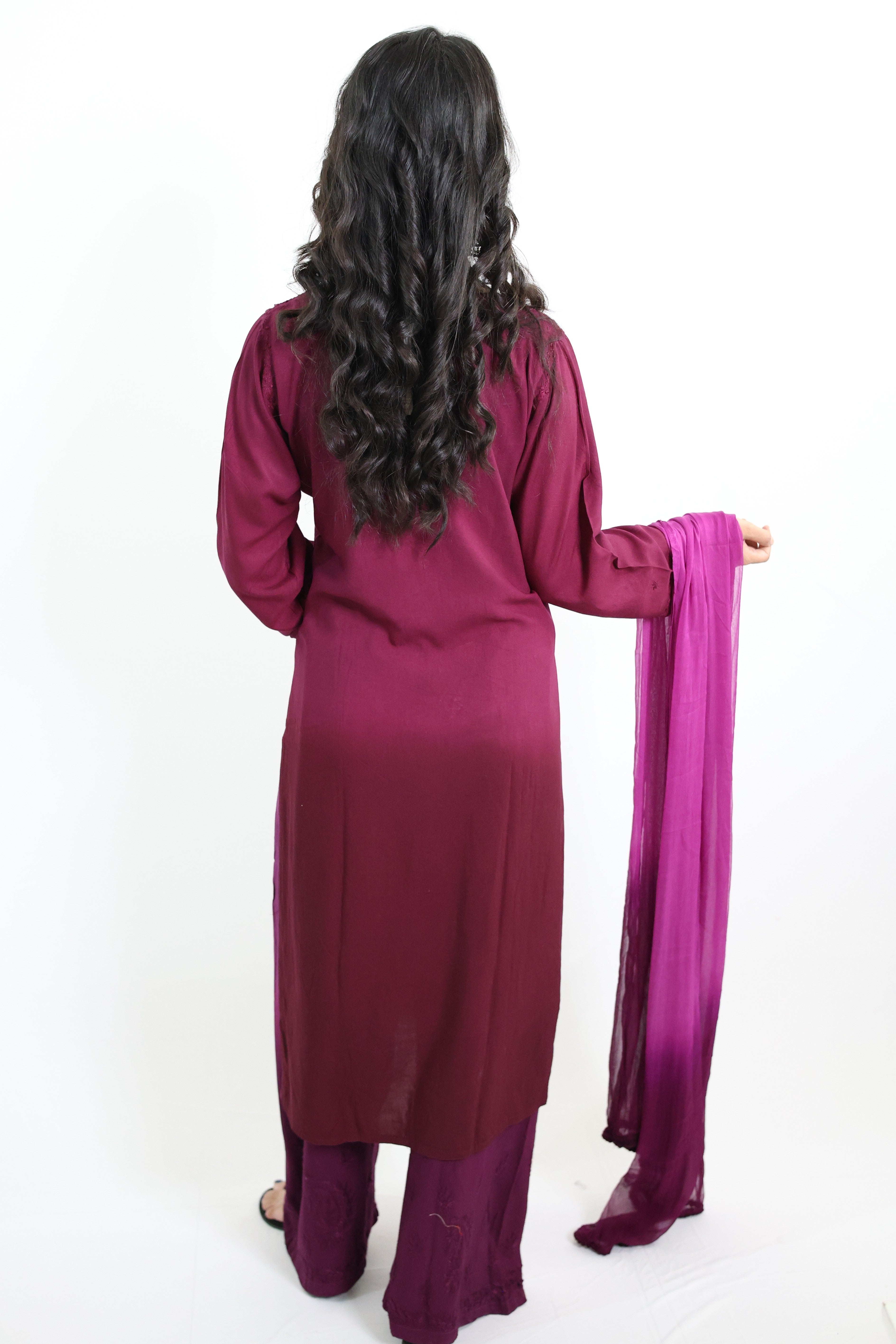 Gunjan Purple Rayon Hand-Embroidered Lucknowi Chikankari Kurta Set with Dupatta