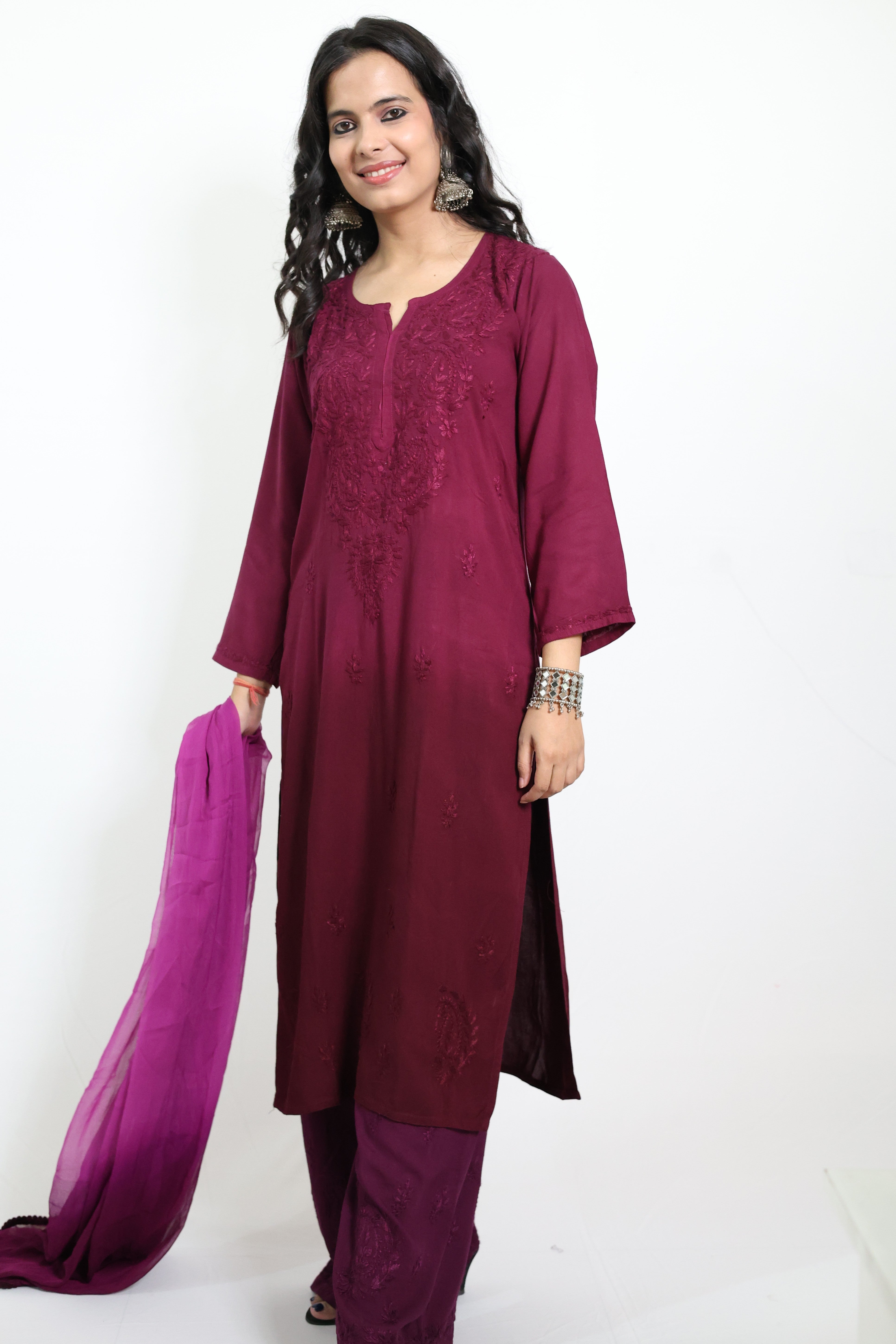 Gunjan Purple Rayon Hand-Embroidered Lucknowi Chikankari Kurta Set with Dupatta