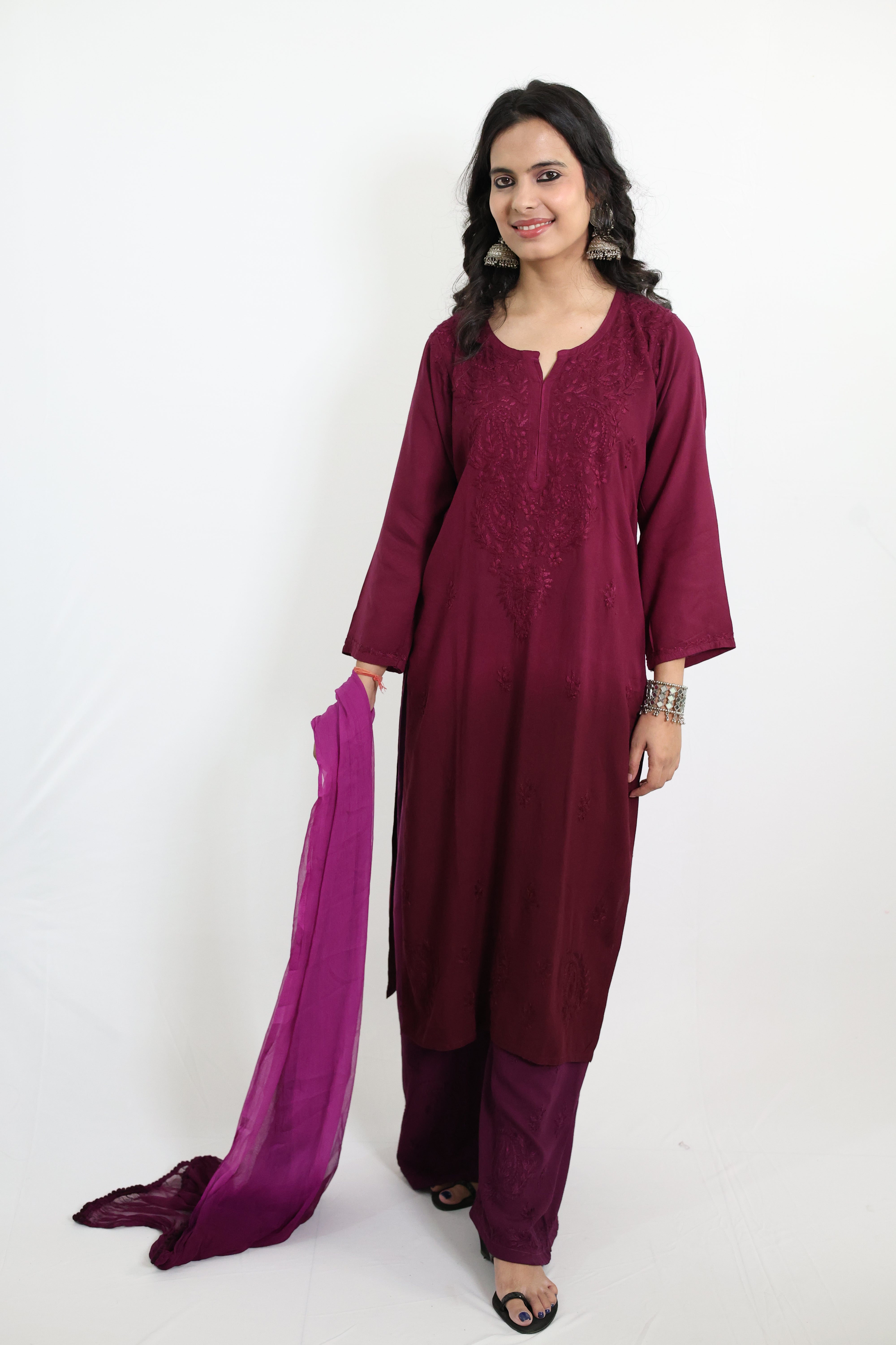 Gunjan Purple Rayon Hand-Embroidered Lucknowi Chikankari Kurta Set with Dupatta