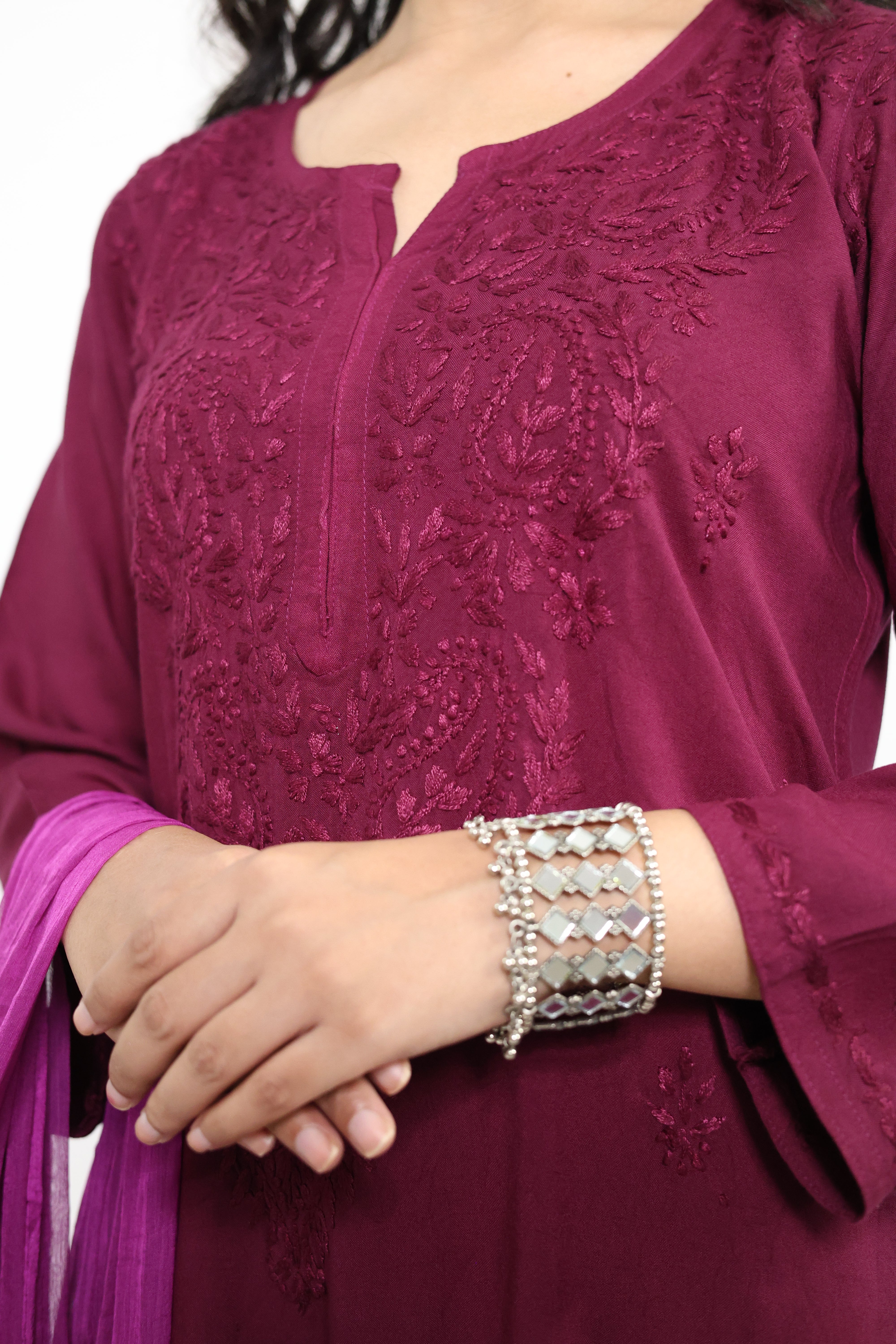 Gunjan Purple Rayon Hand-Embroidered Lucknowi Chikankari Kurta Set with Dupatta