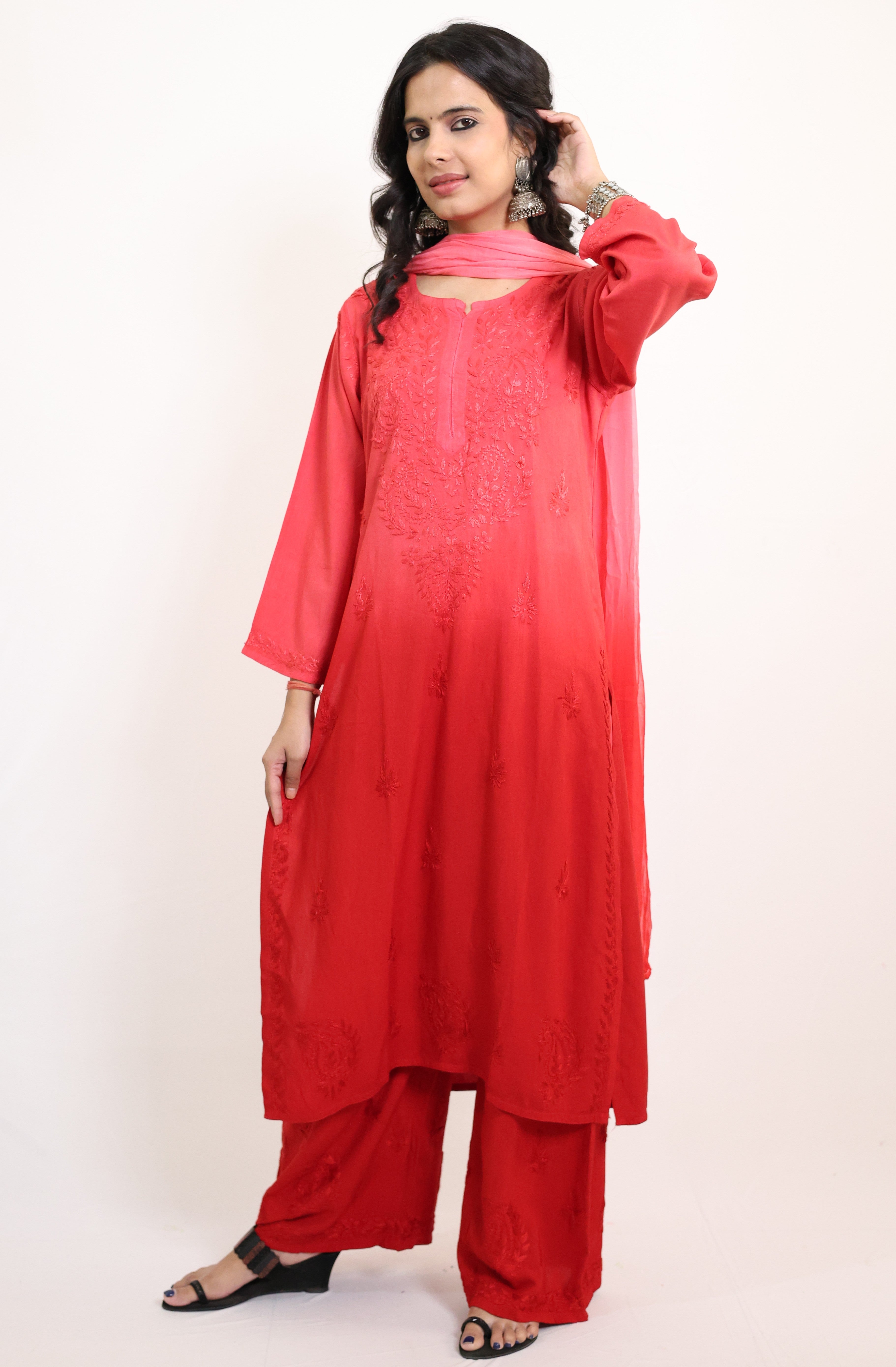 Gunjan Red Rayon Hand-Embroidered Lucknowi Chikankari Kurta Set with Dupatta
