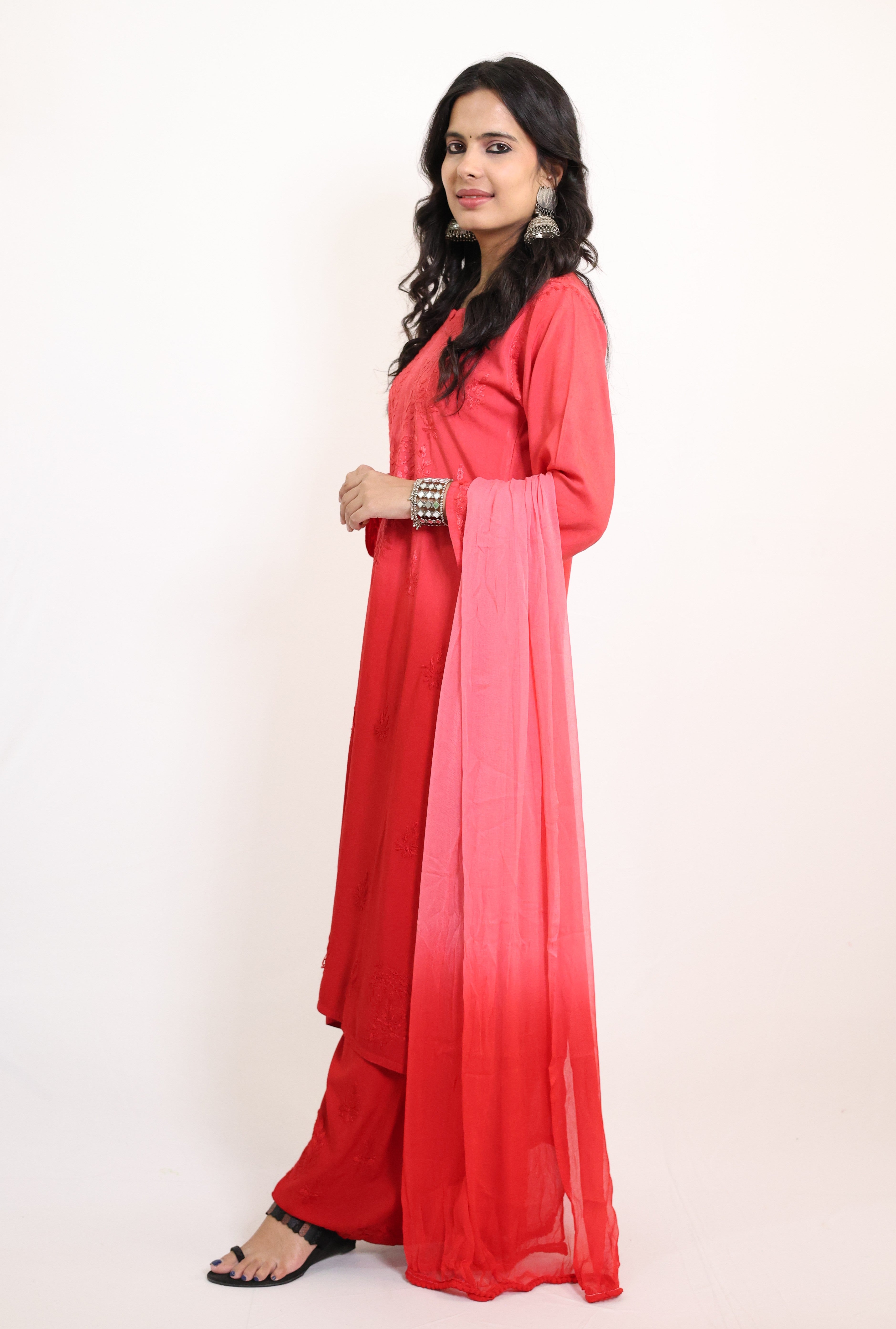 Gunjan Red Rayon Hand-Embroidered Lucknowi Chikankari Kurta Set with Dupatta