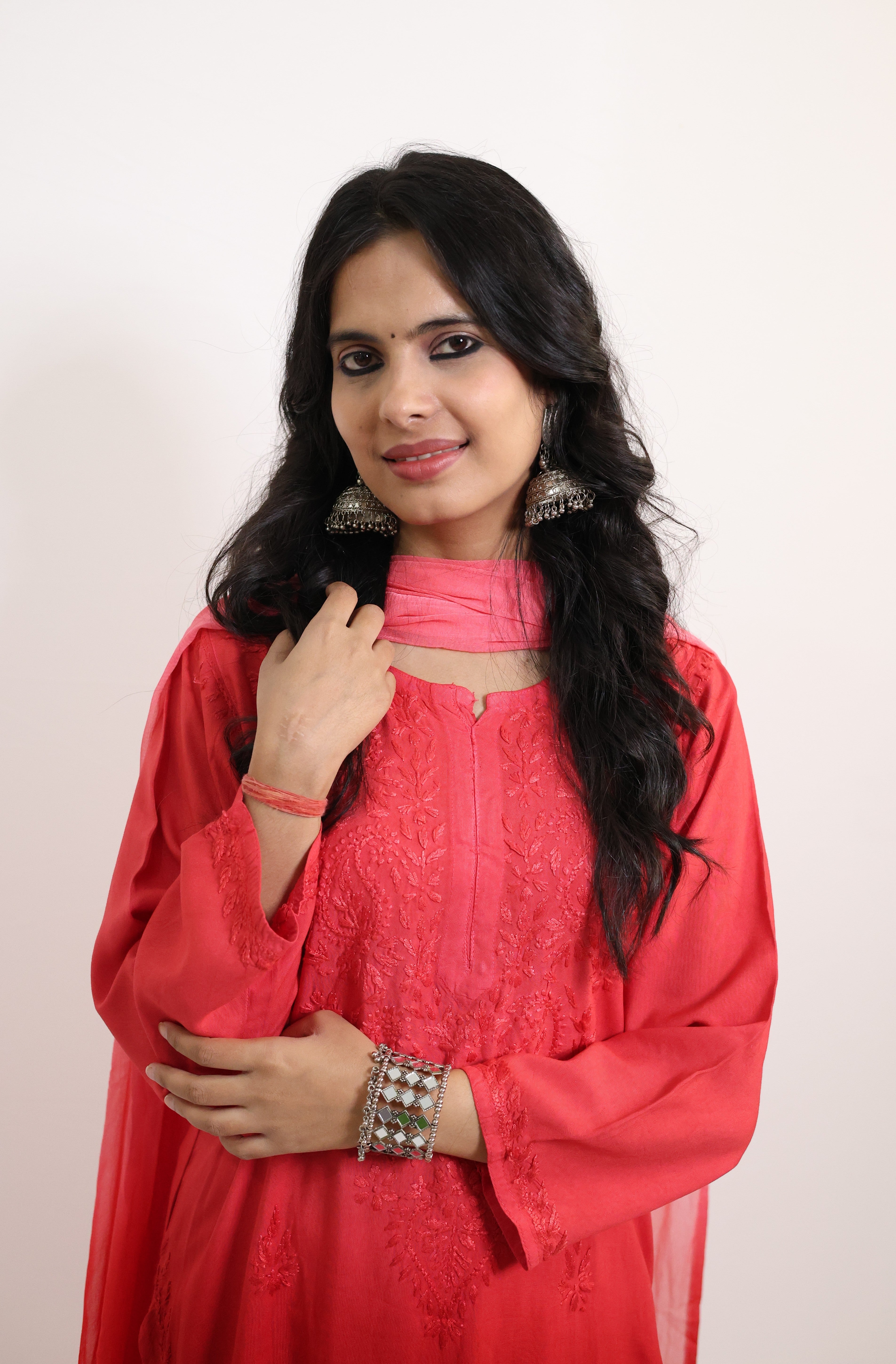 Gunjan Red Rayon Hand-Embroidered Lucknowi Chikankari Kurta Set with Dupatta