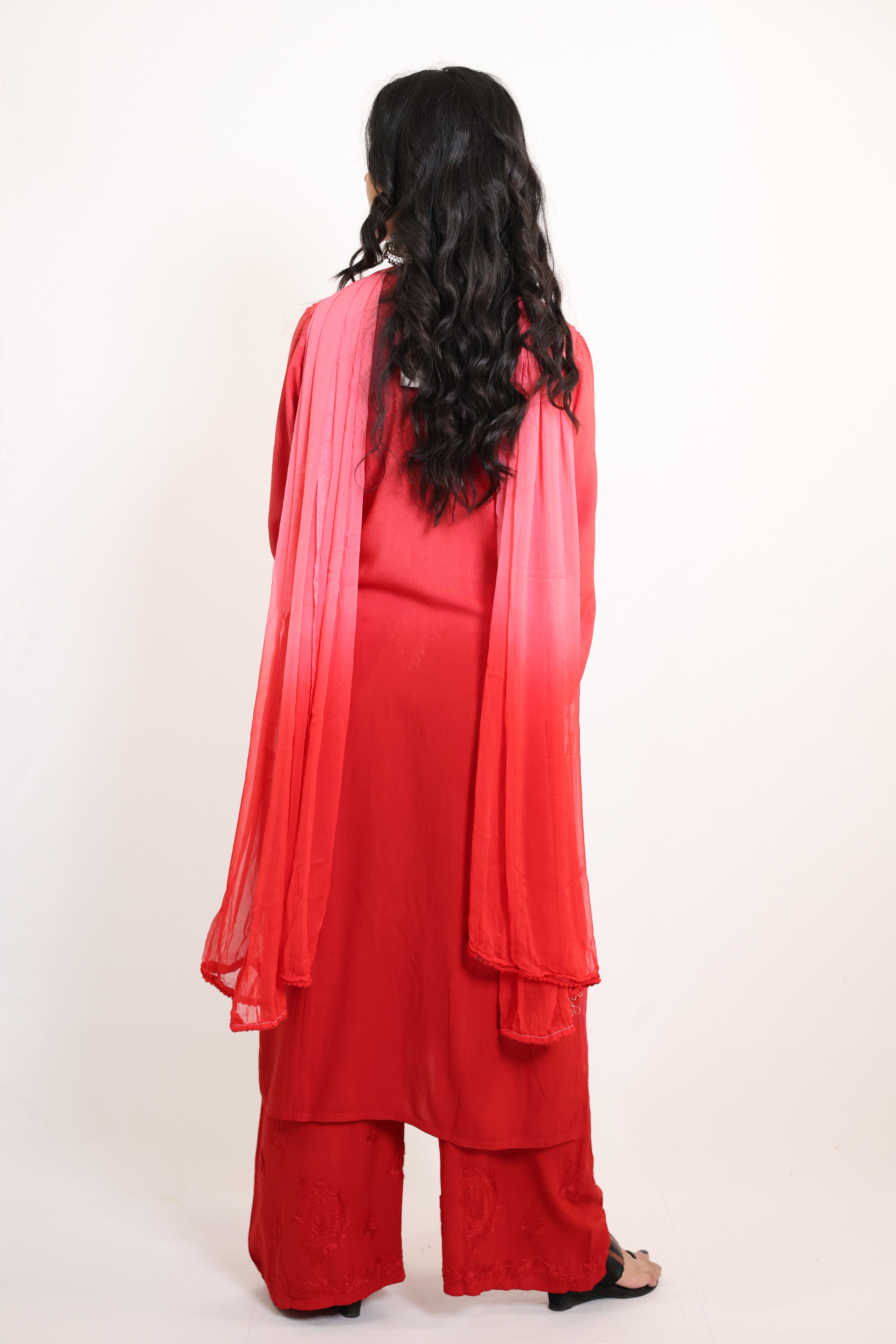 Gunjan Red Rayon Hand-Embroidered Lucknowi Chikankari Kurta Set with Dupatta