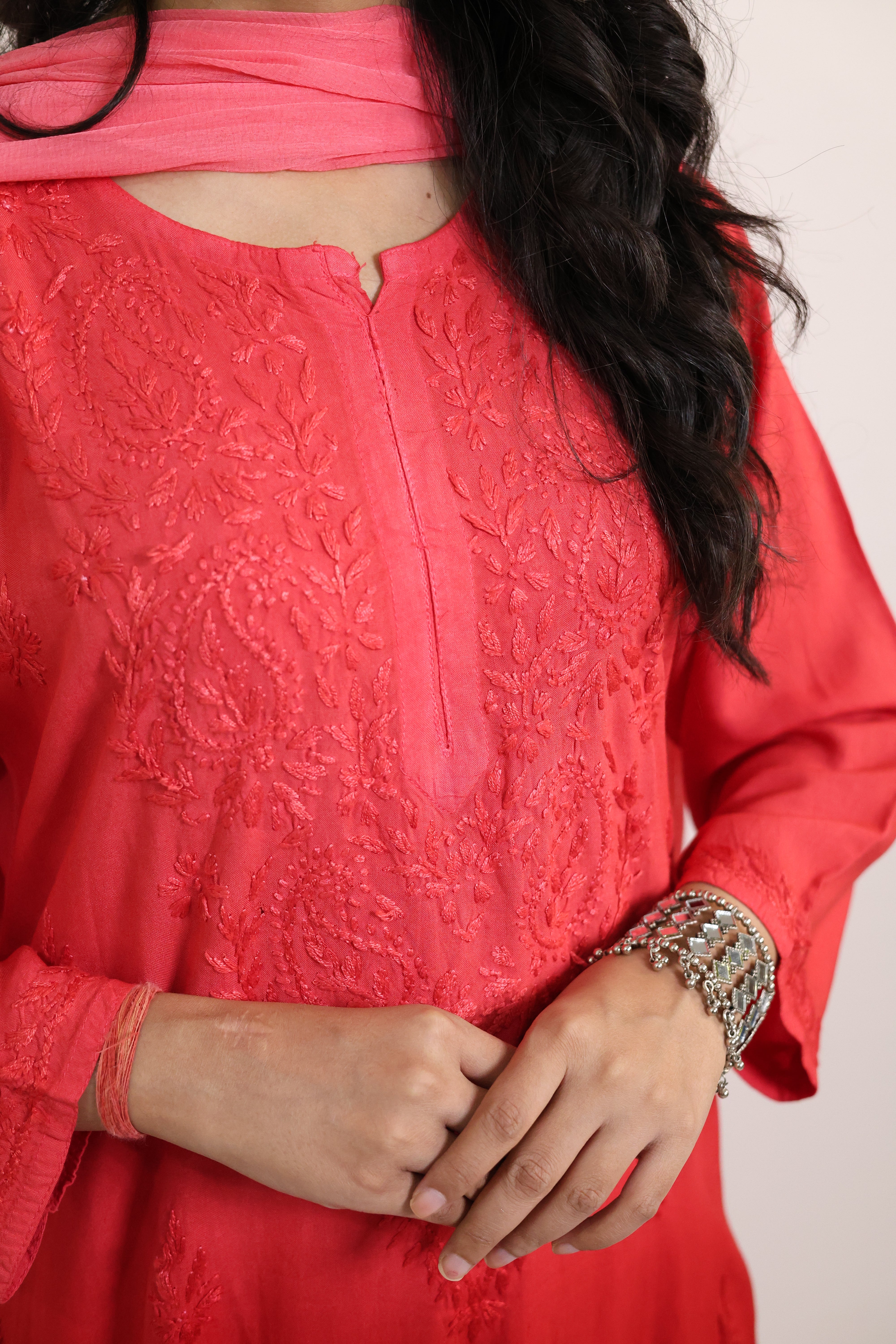 Gunjan Red Rayon Hand-Embroidered Lucknowi Chikankari Kurta Set with Dupatta