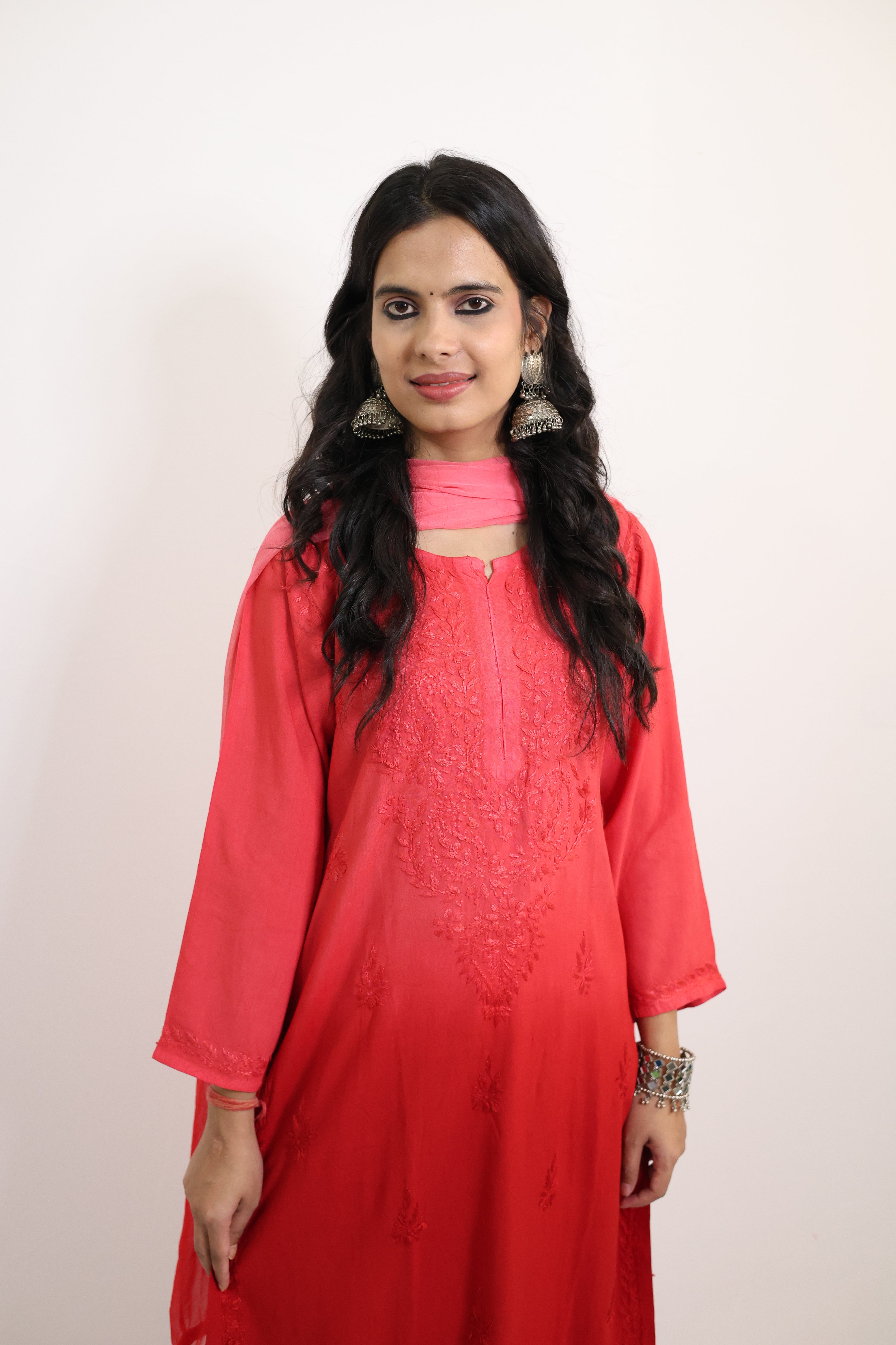 Gunjan Red Rayon Hand-Embroidered Lucknowi Chikankari Kurta Set with Dupatta