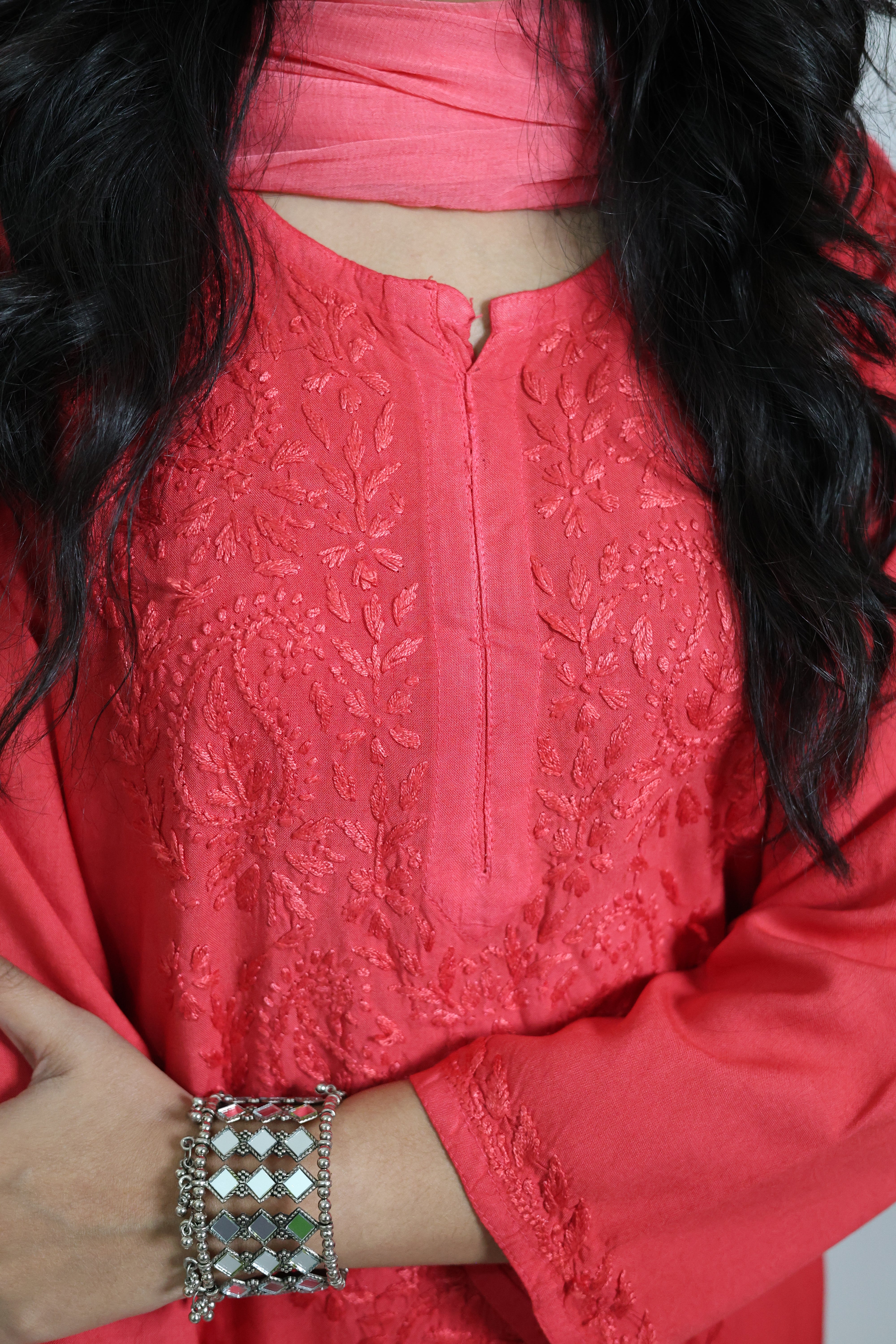 Gunjan Red Rayon Hand-Embroidered Lucknowi Chikankari Kurta Set with Dupatta