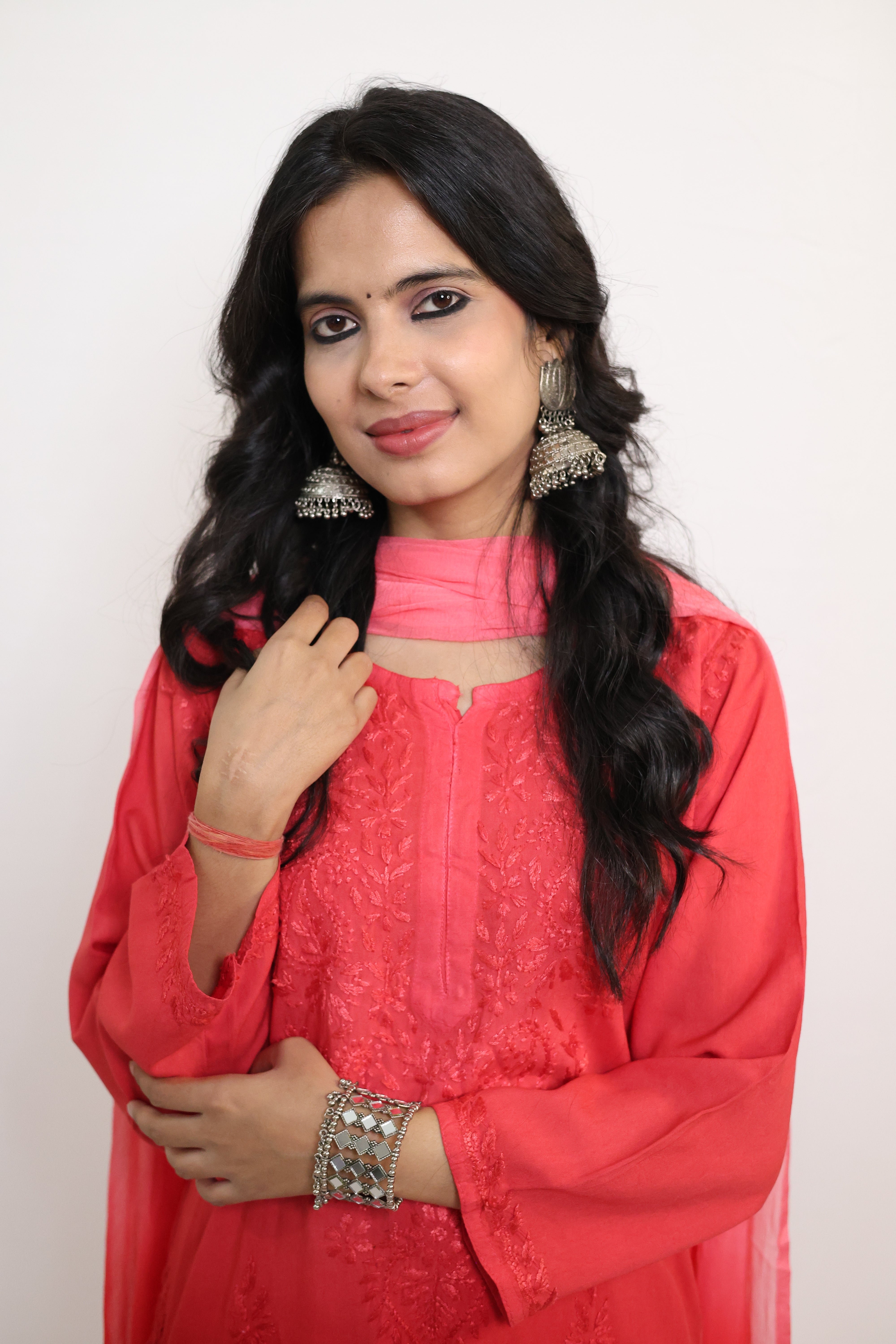 Gunjan Red Rayon Hand-Embroidered Lucknowi Chikankari Kurta Set with Dupatta