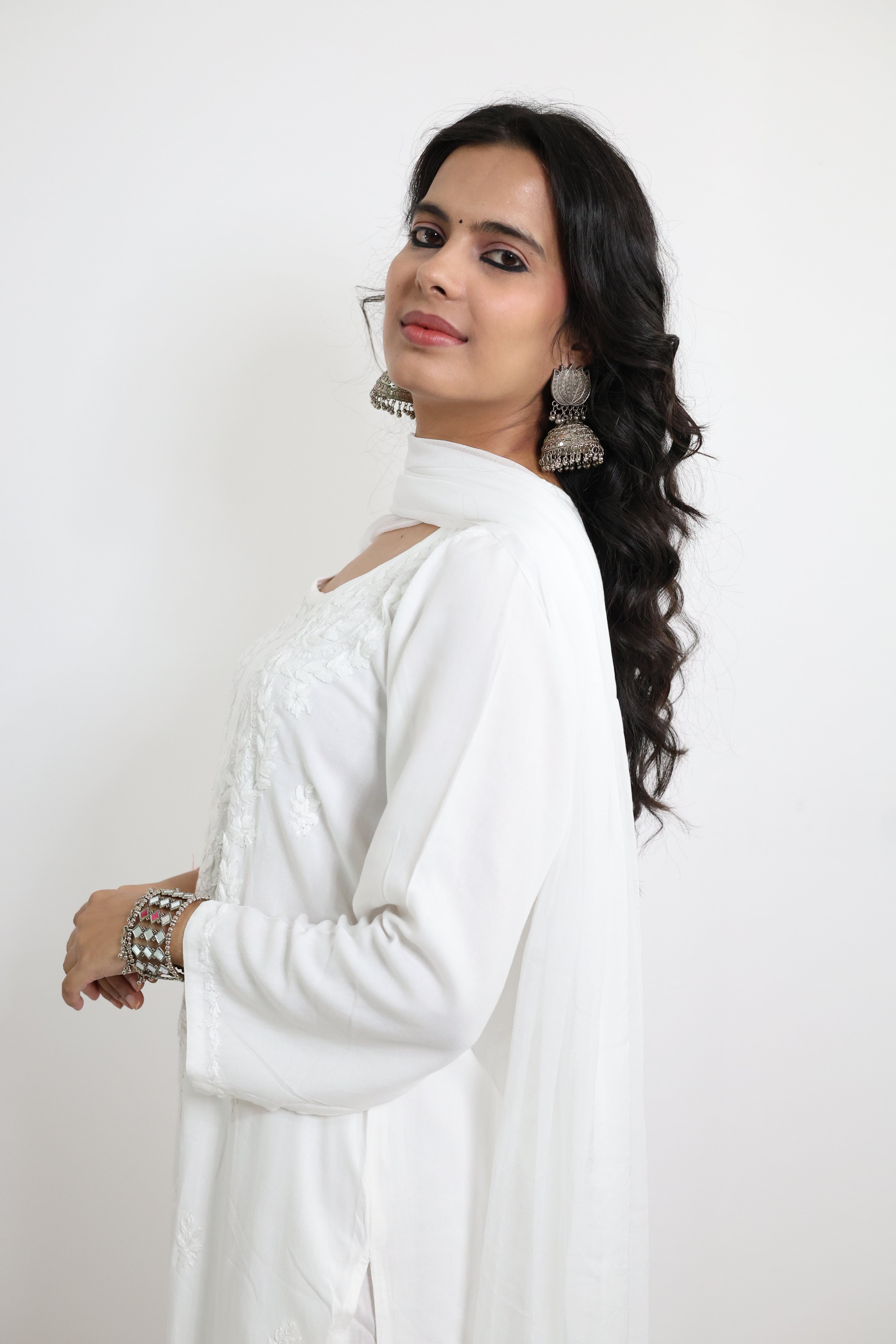 Gunjan White Rayon Hand-Embroidered Lucknowi Chikankari Kurta Set with Dupatta