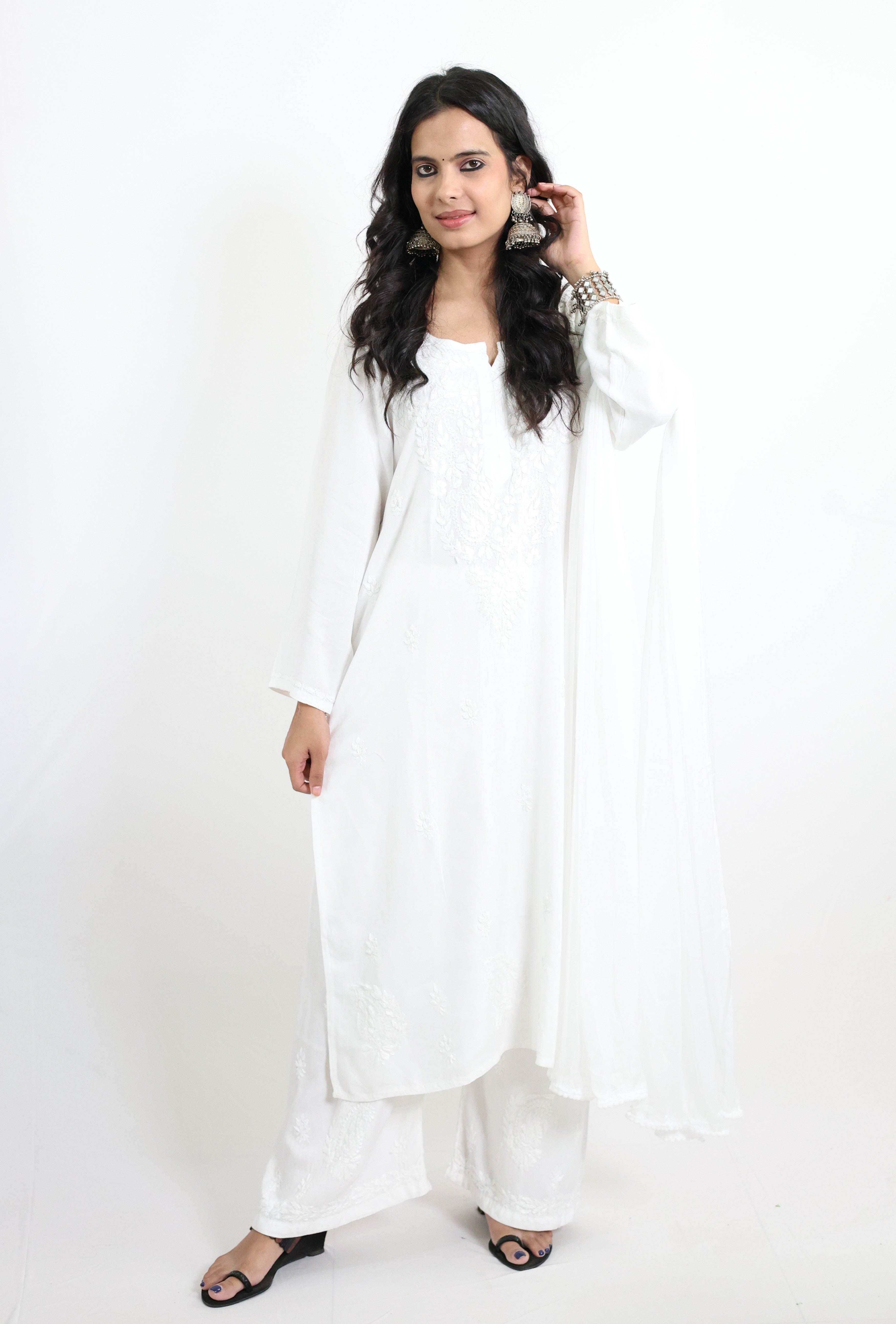 Gunjan White Rayon Hand-Embroidered Lucknowi Chikankari Kurta Set with Dupatta