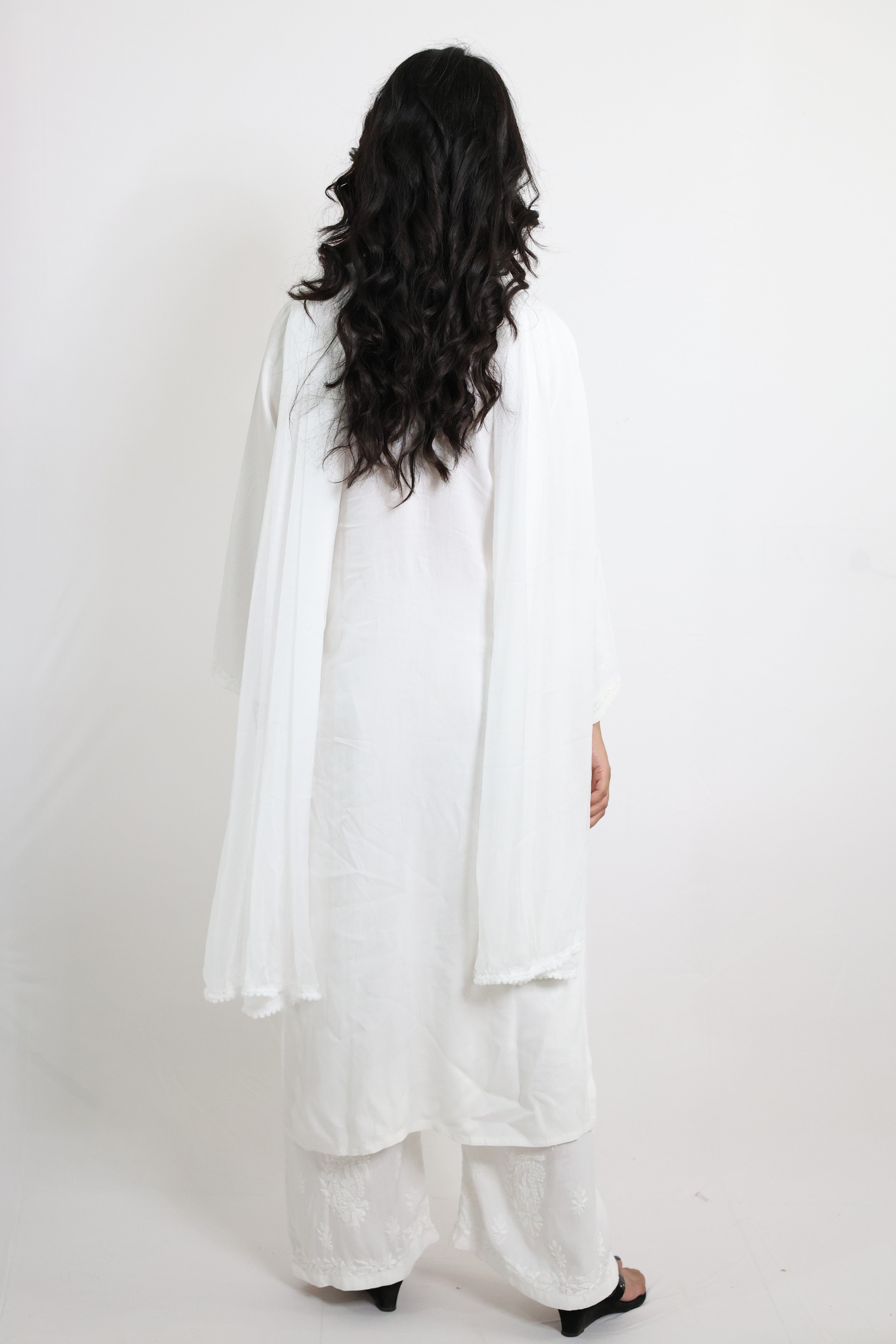 Gunjan White Rayon Hand-Embroidered Lucknowi Chikankari Kurta Set with Dupatta