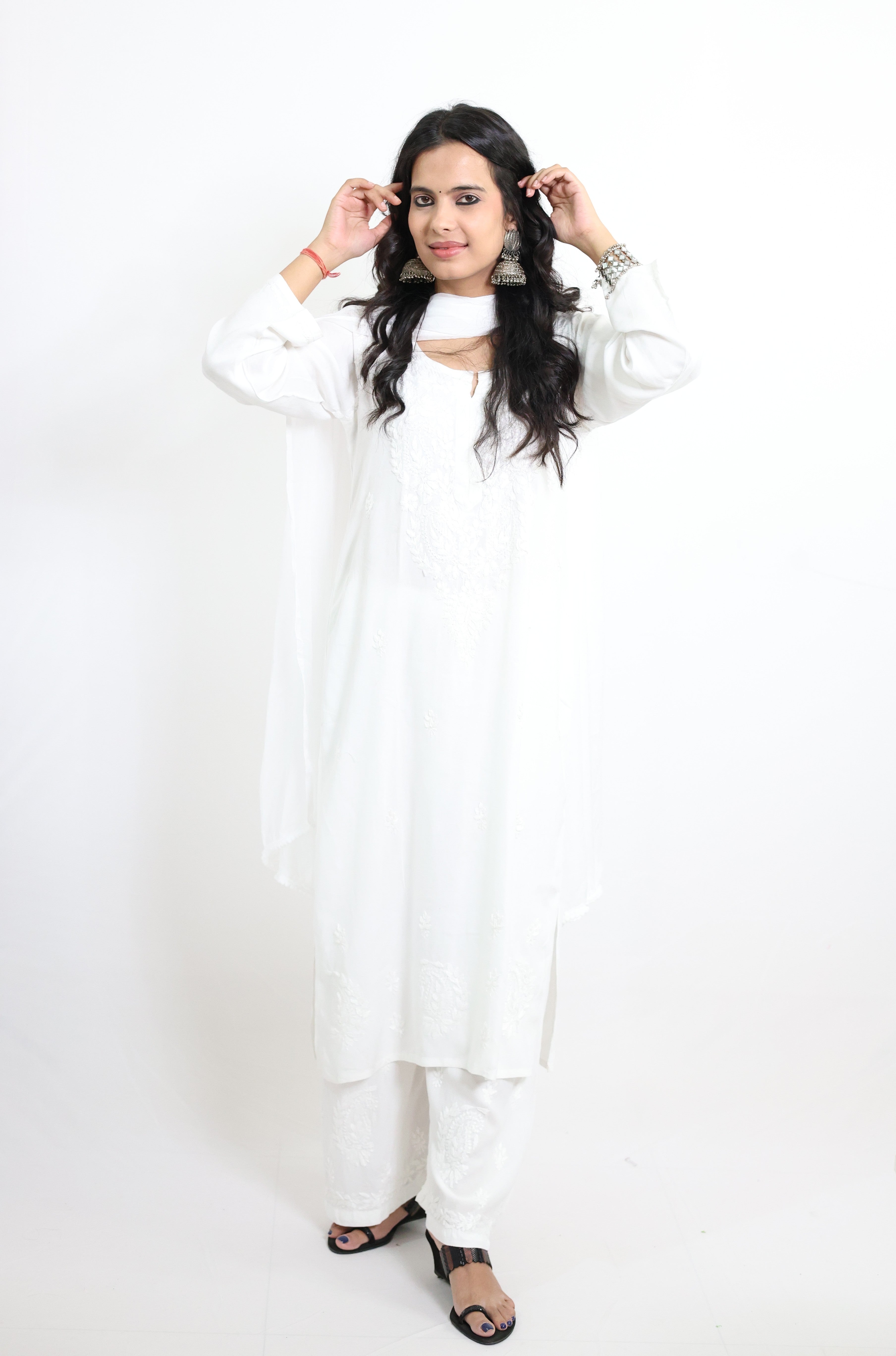 Gunjan White Rayon Hand-Embroidered Lucknowi Chikankari Kurta Set with Dupatta