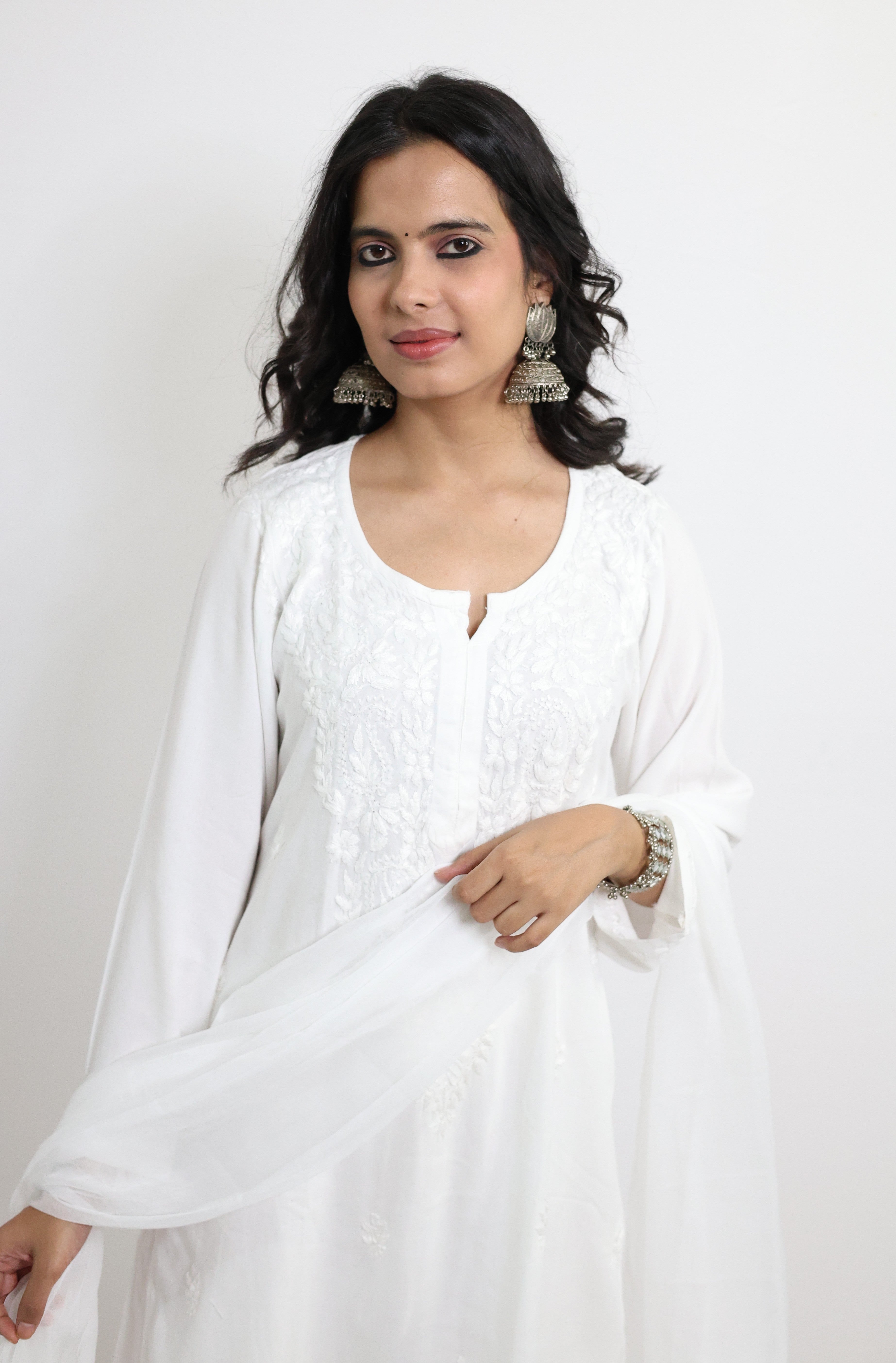 Gunjan White Rayon Hand-Embroidered Lucknowi Chikankari Kurta Set with Dupatta