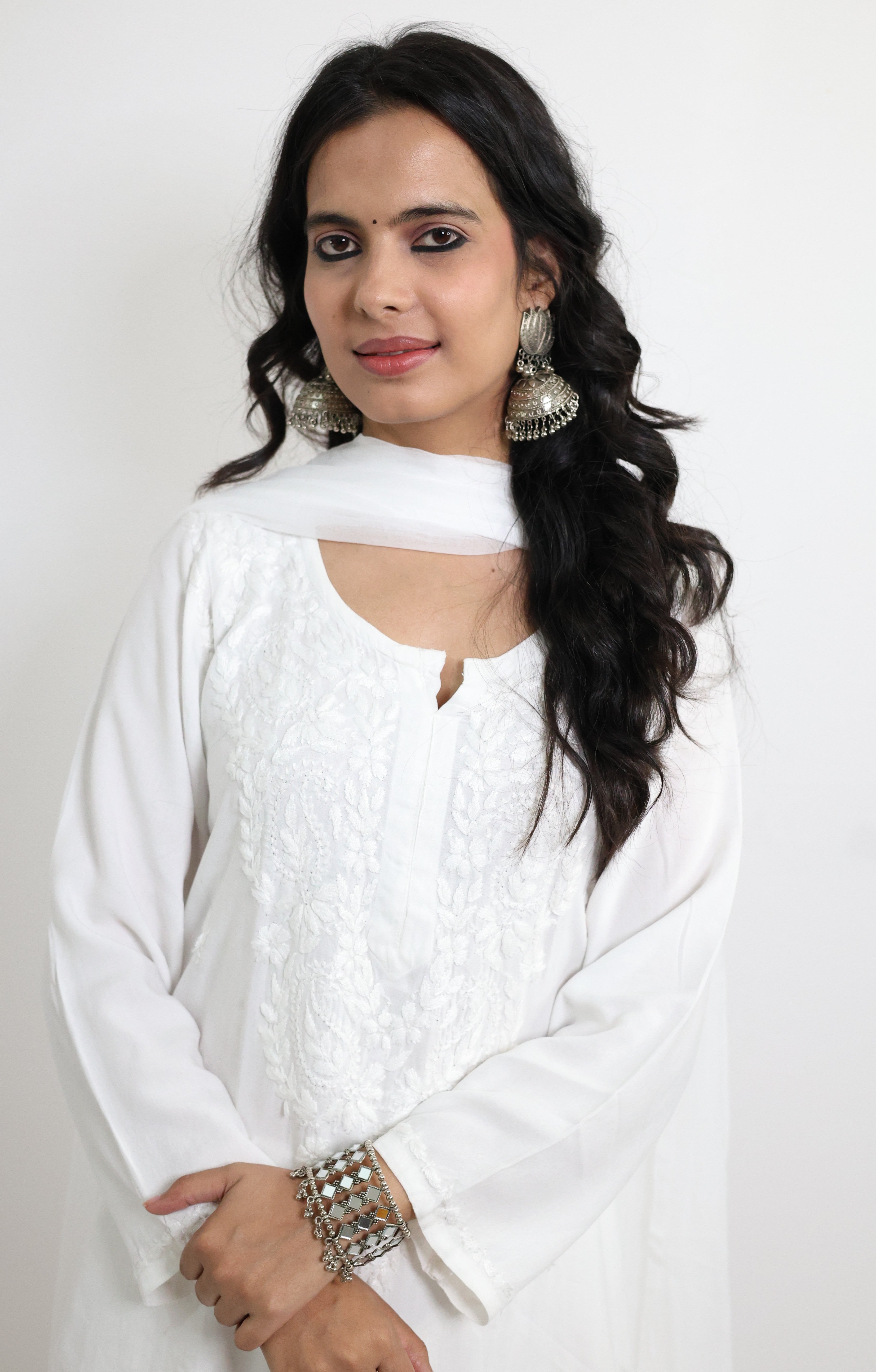 Gunjan White Rayon Hand-Embroidered Lucknowi Chikankari Kurta Set with Dupatta