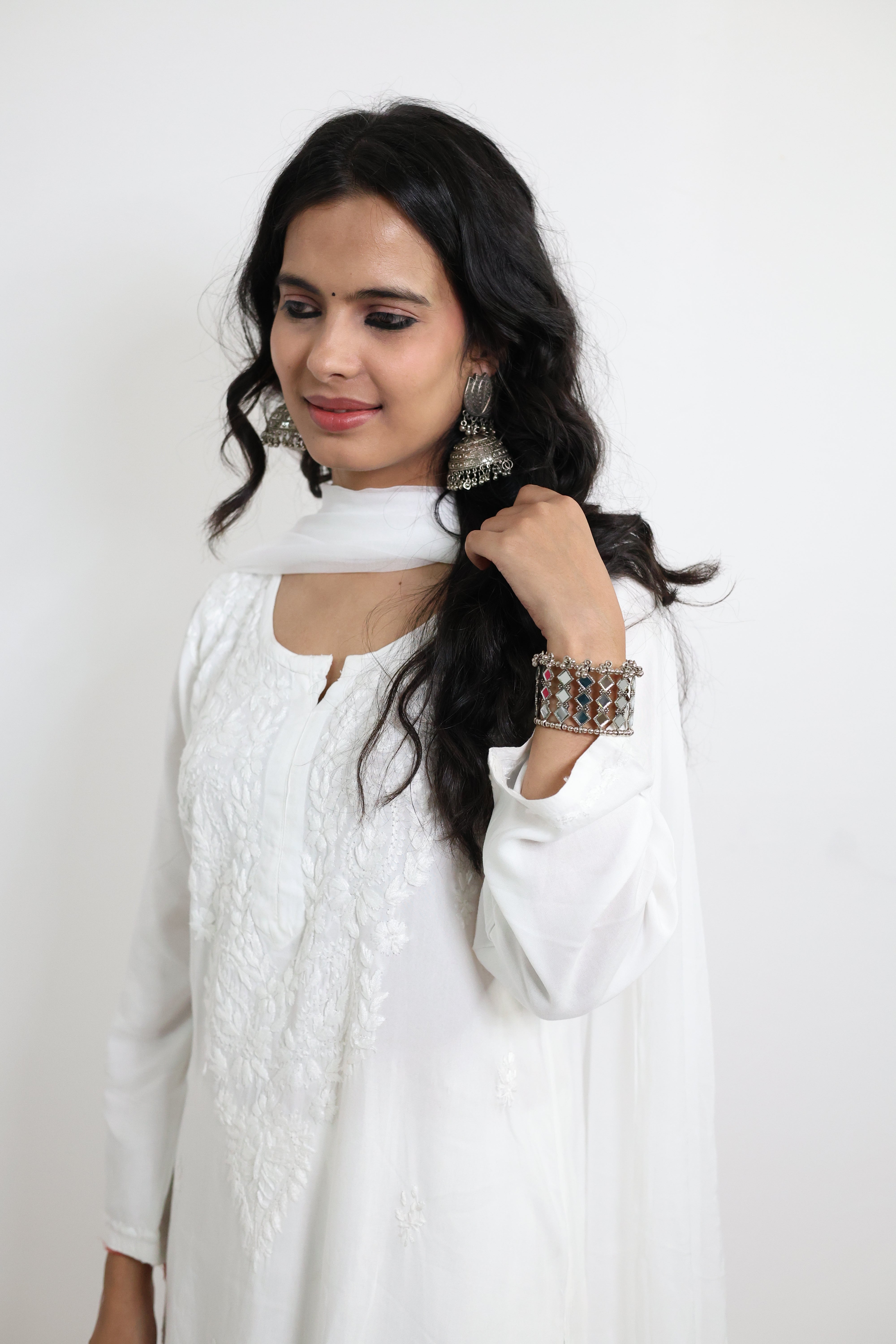 Gunjan White Rayon Hand-Embroidered Lucknowi Chikankari Kurta Set with Dupatta
