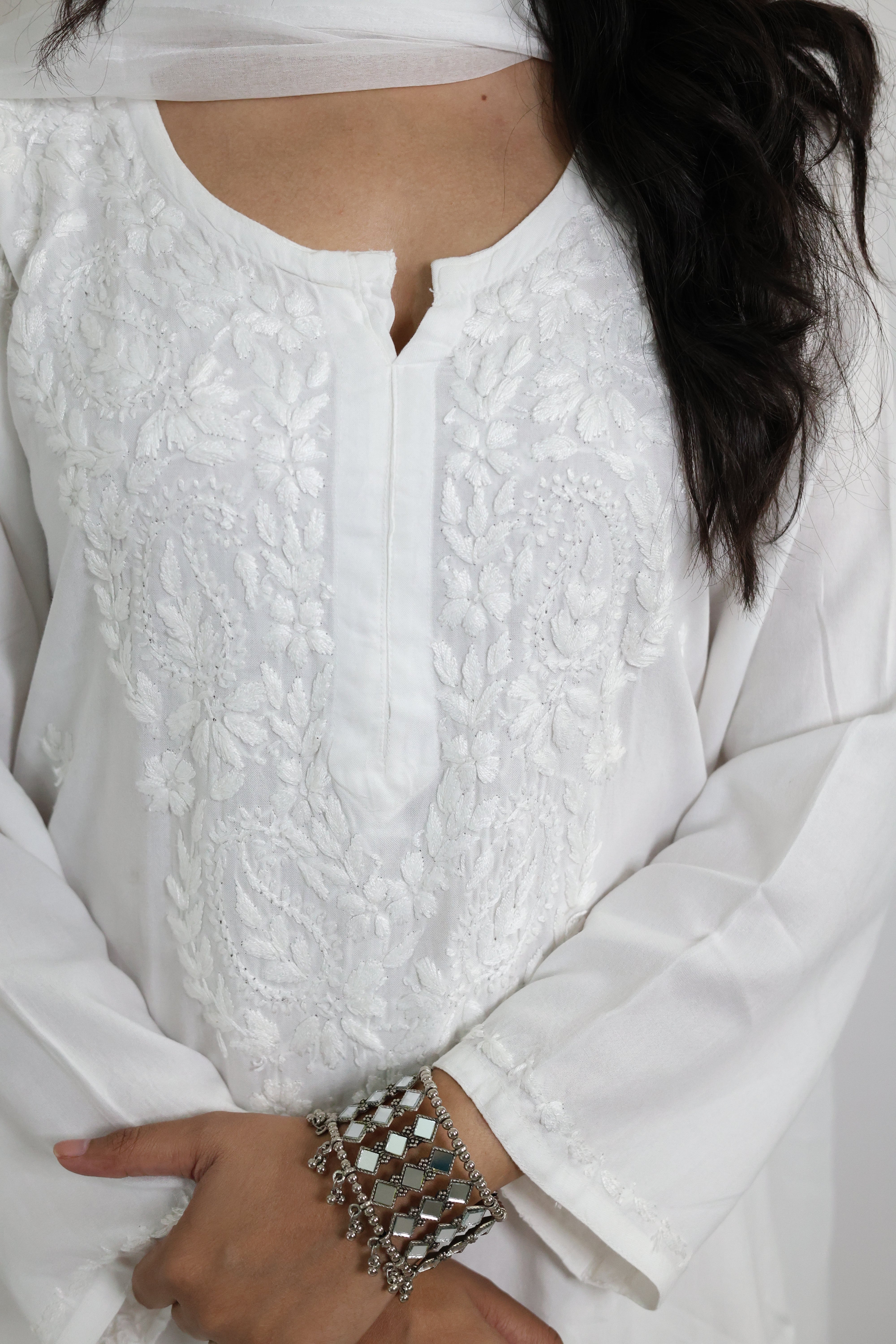 Gunjan White Rayon Hand-Embroidered Lucknowi Chikankari Kurta Set with Dupatta