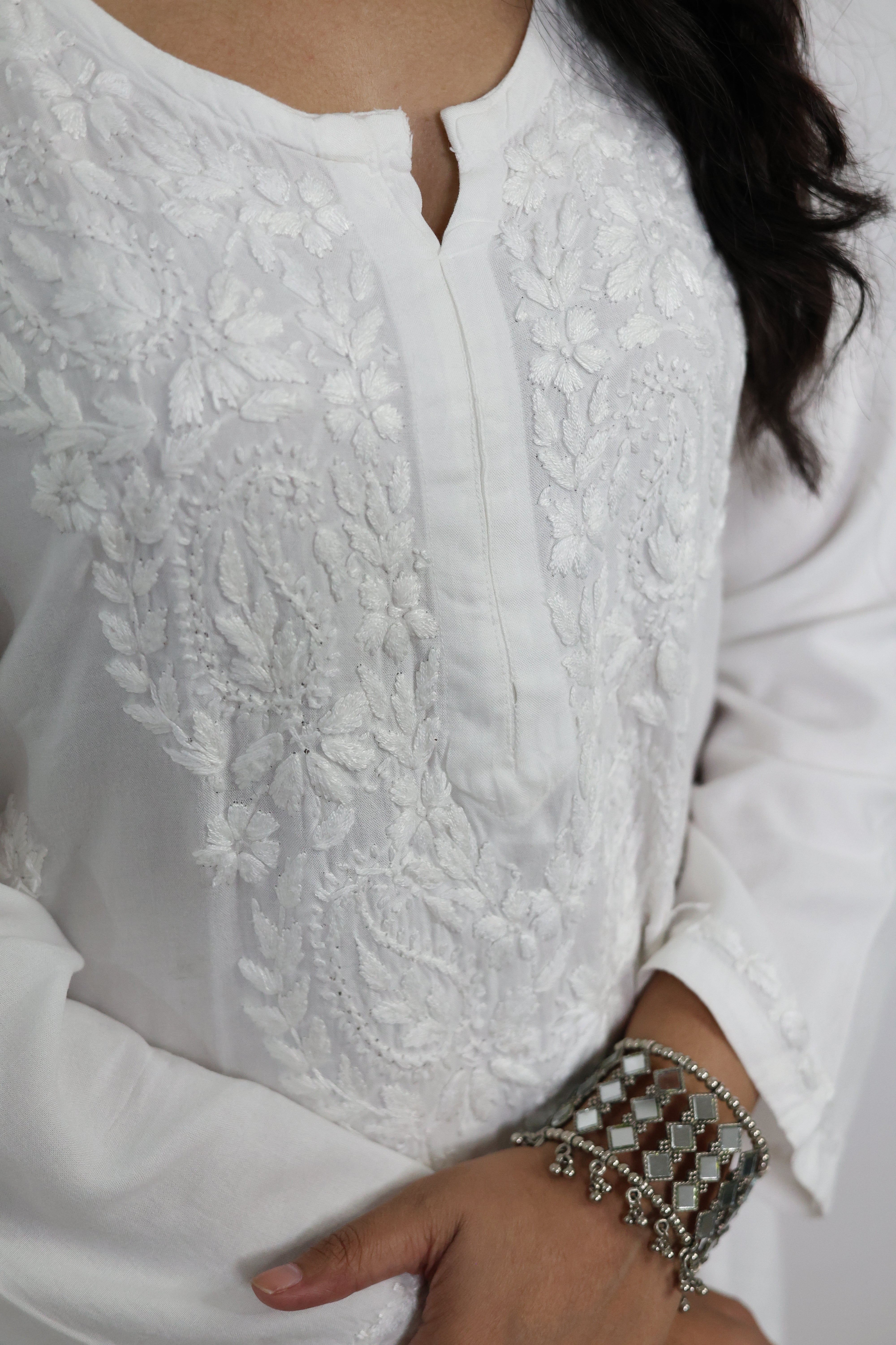 Gunjan White Rayon Hand-Embroidered Lucknowi Chikankari Kurta Set with Dupatta