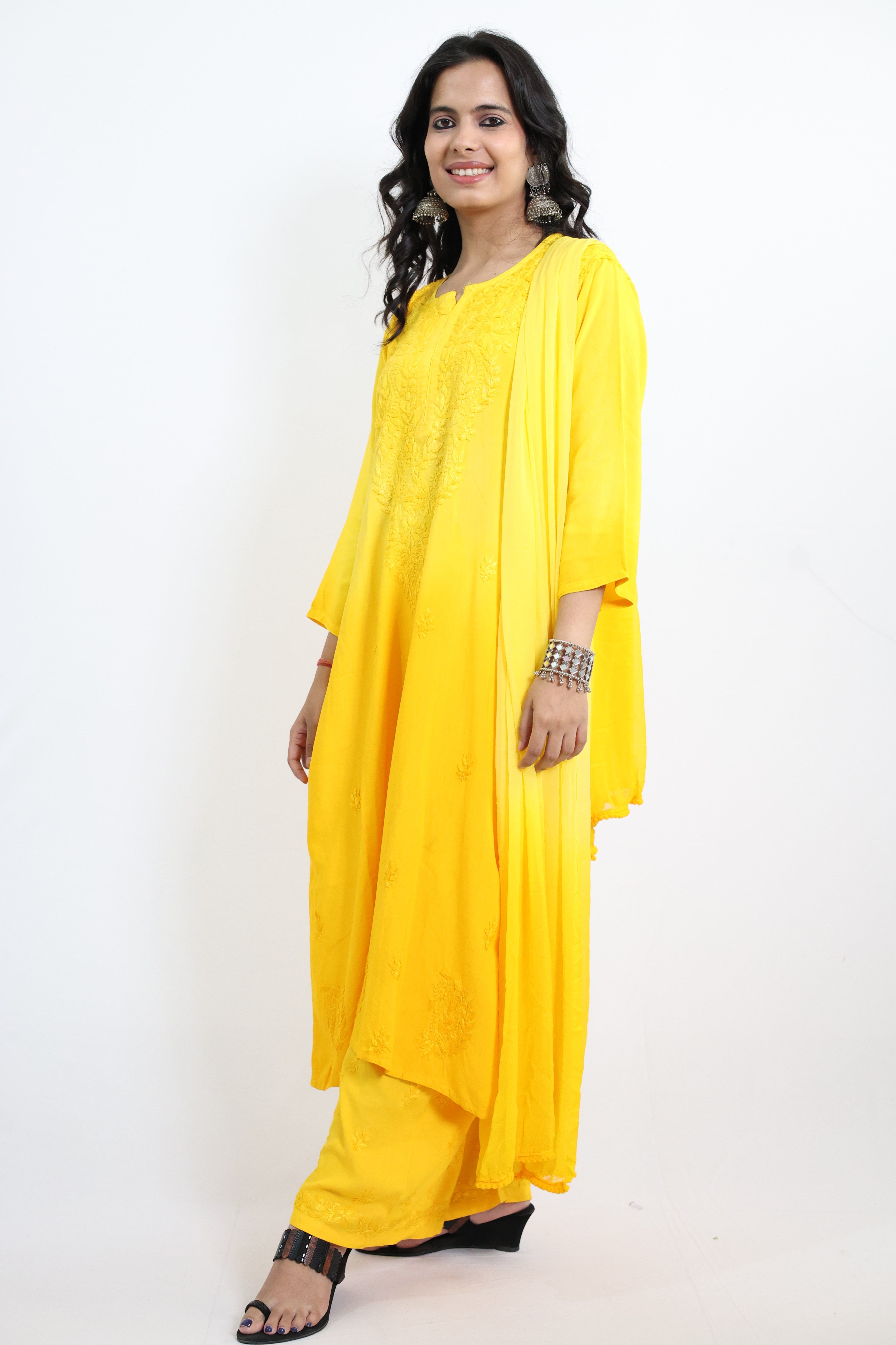 Gunjan Yellow Rayon Hand-Embroidered Lucknowi Chikankari Kurta Set with Dupatta