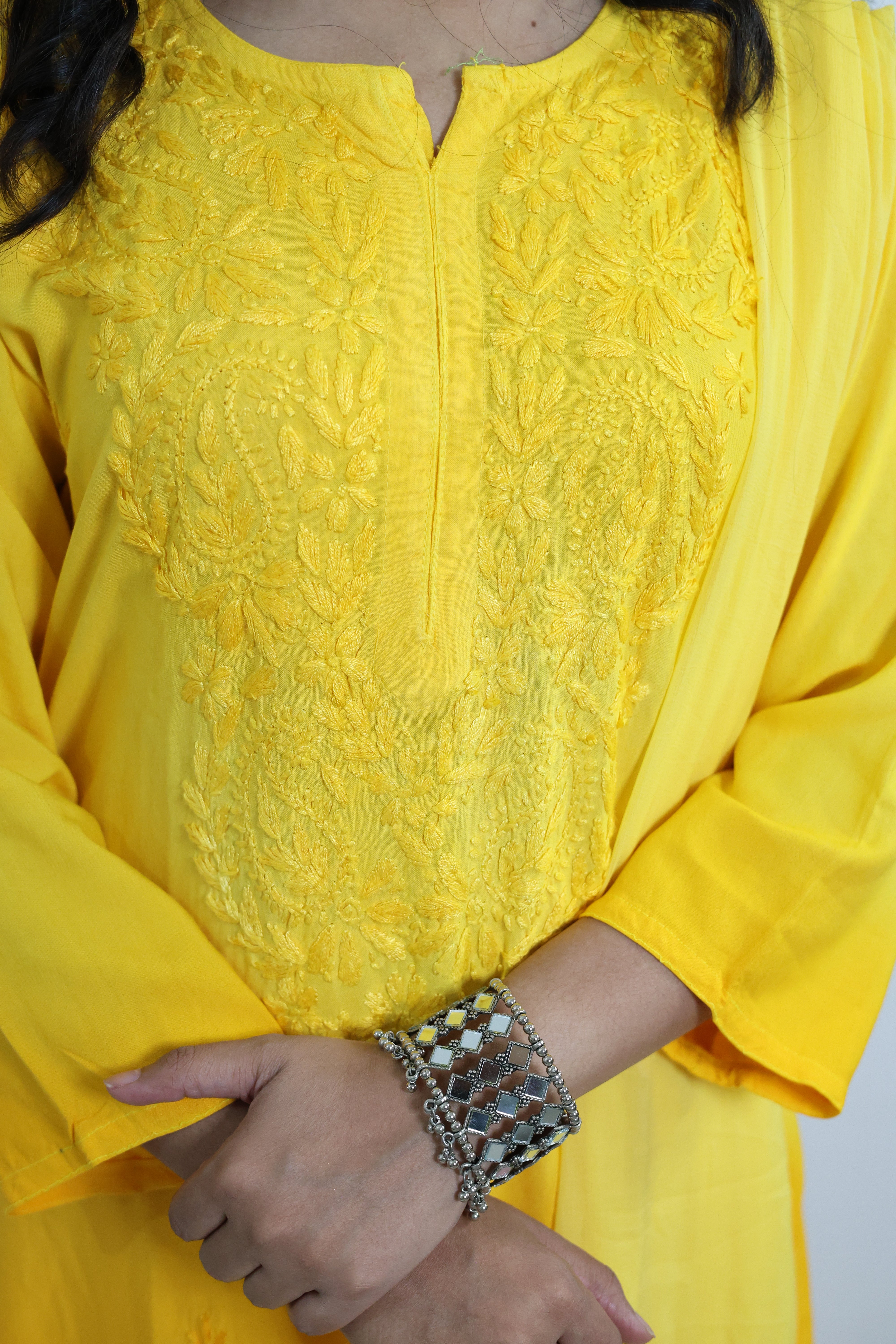 Gunjan Yellow Rayon Hand-Embroidered Lucknowi Chikankari Kurta Set with Dupatta