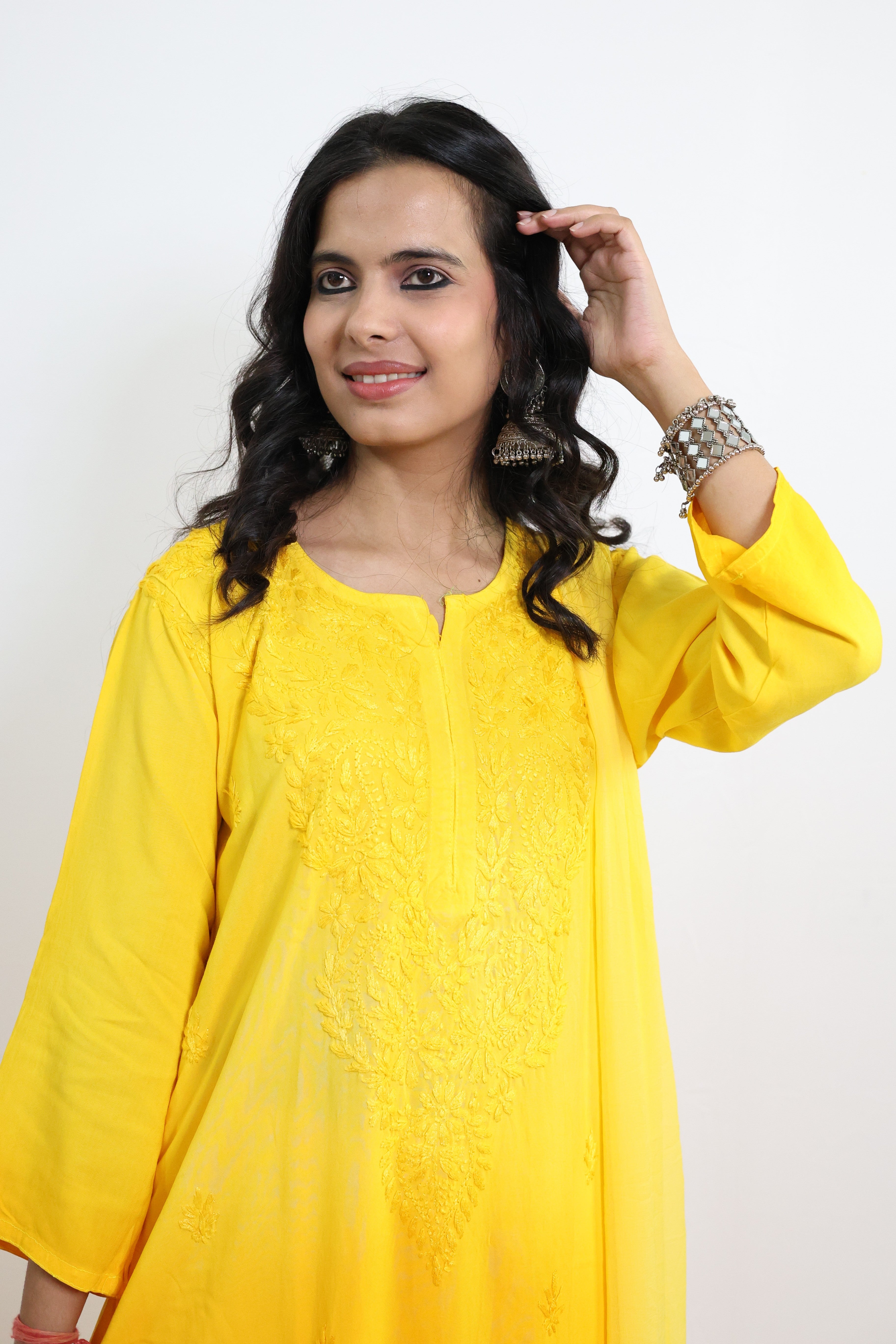 Gunjan Yellow Rayon Hand-Embroidered Lucknowi Chikankari Kurta Set with Dupatta
