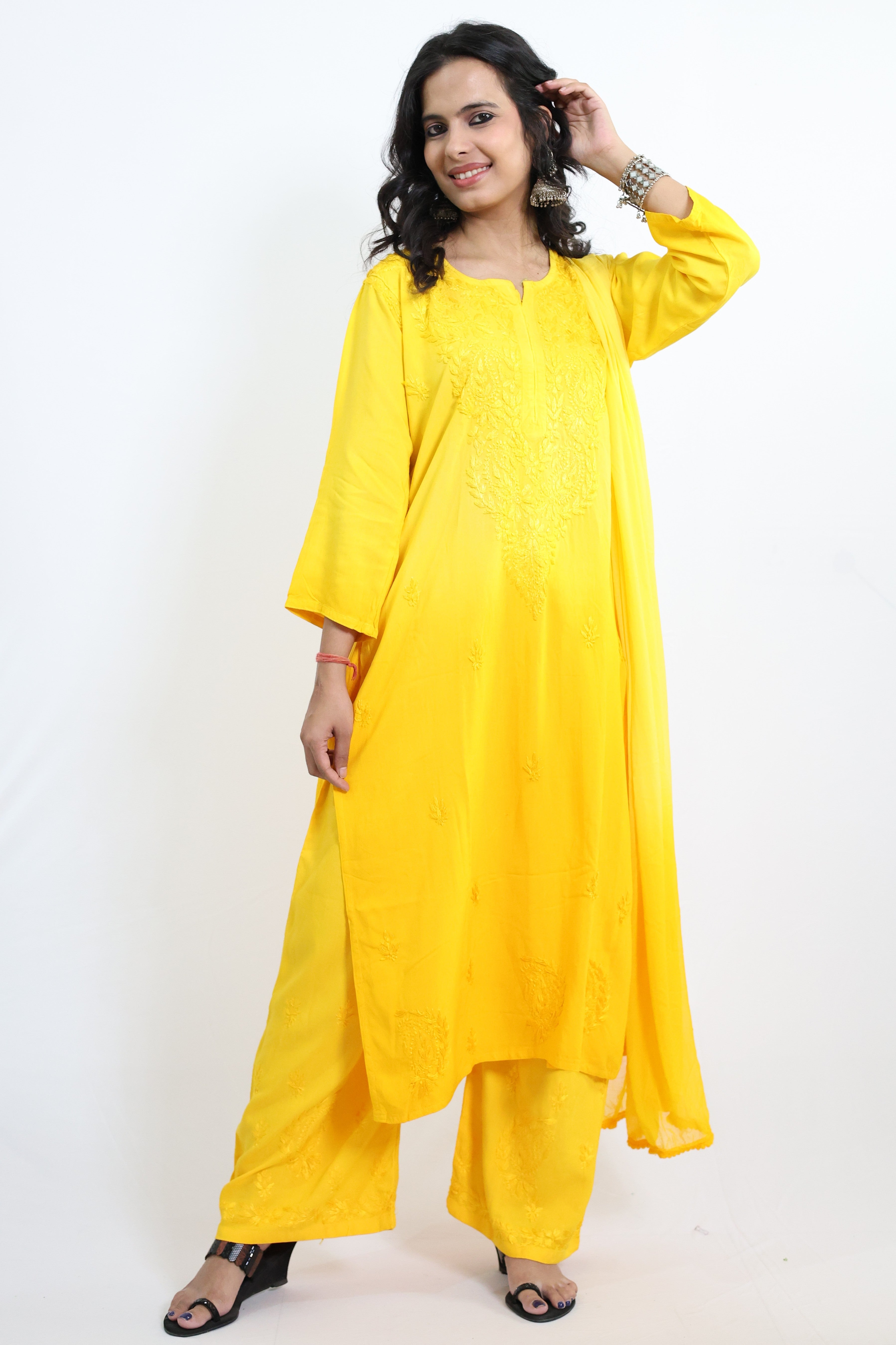 Gunjan Yellow Rayon Hand-Embroidered Lucknowi Chikankari Kurta Set with Dupatta