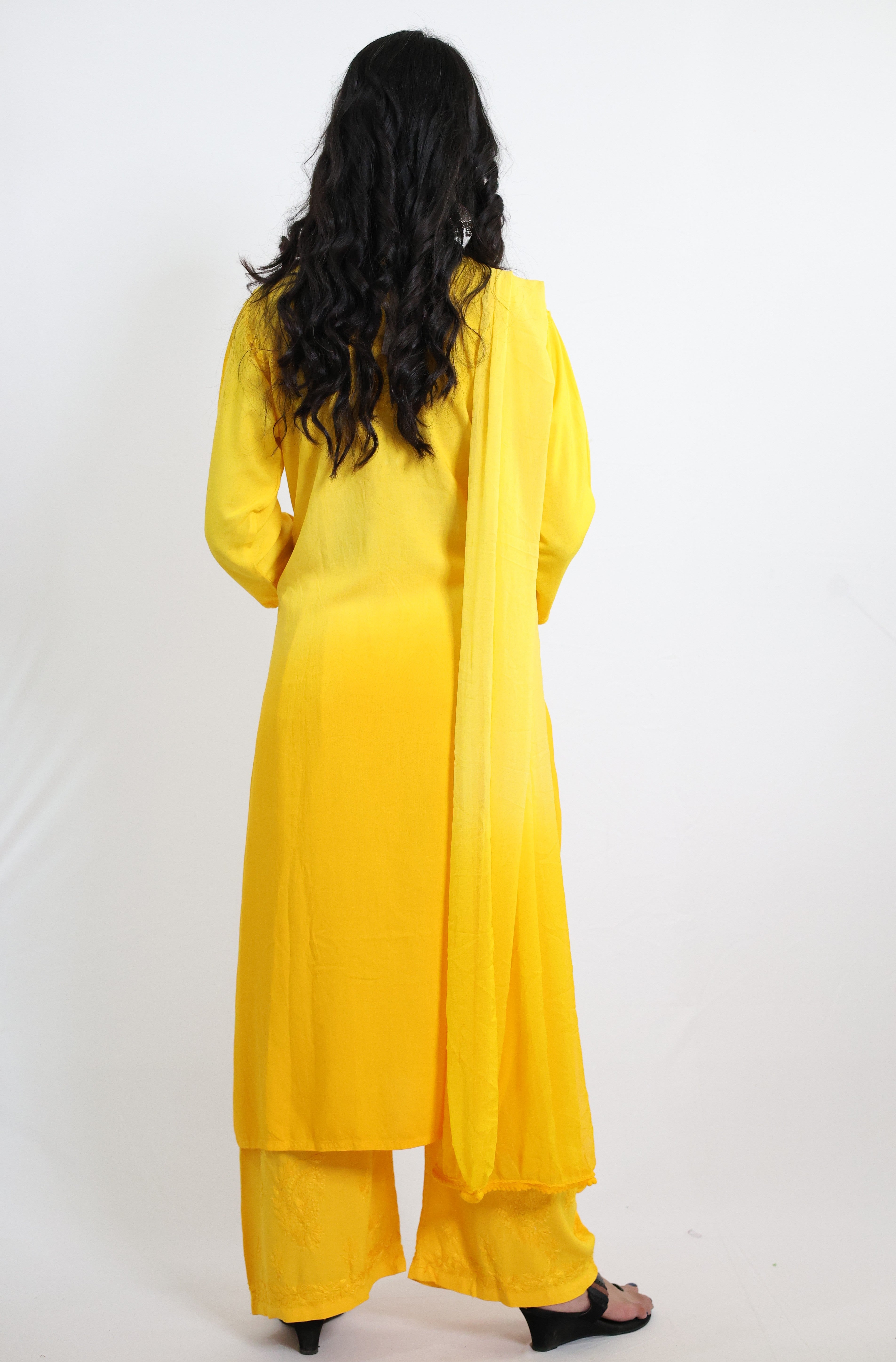 Gunjan Yellow Rayon Hand-Embroidered Lucknowi Chikankari Kurta Set with Dupatta
