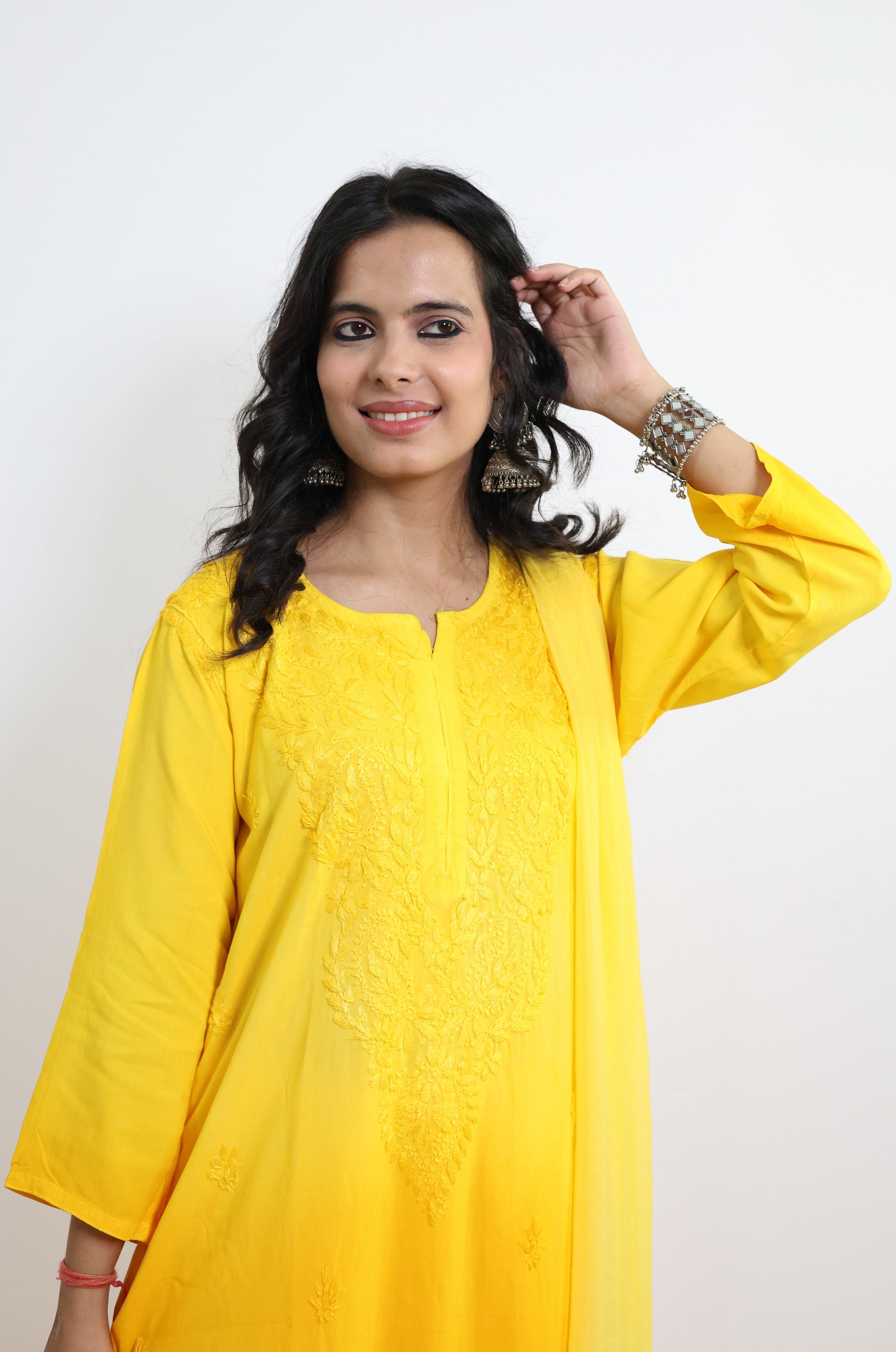 Gunjan Yellow Rayon Hand-Embroidered Lucknowi Chikankari Kurta Set with Dupatta